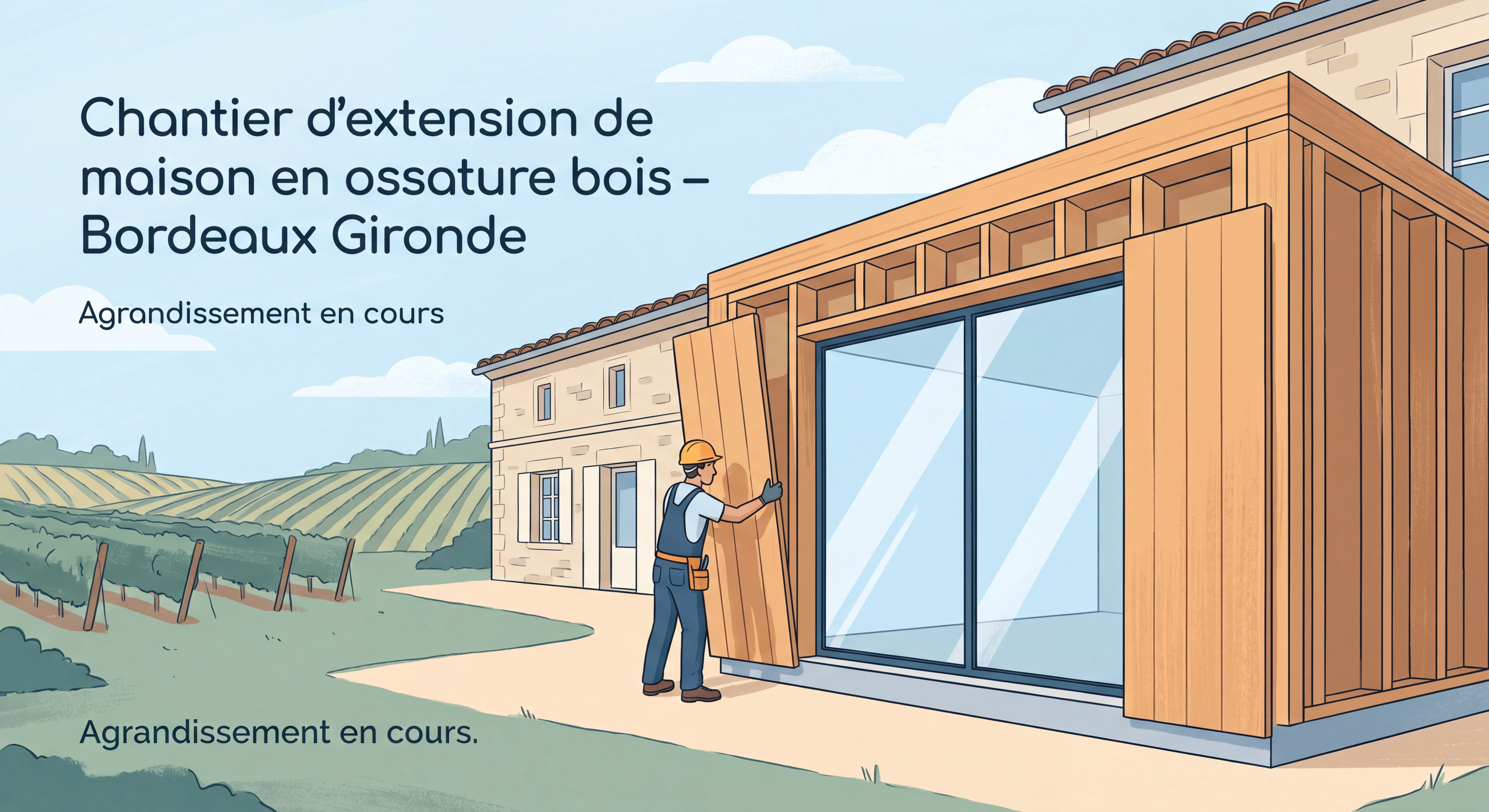Chantier d'extension de maison en ossature bois avec grande baie vitrée à Bordeaux Gironde, artisan en train de réaliser les travaux d'agrandissement
