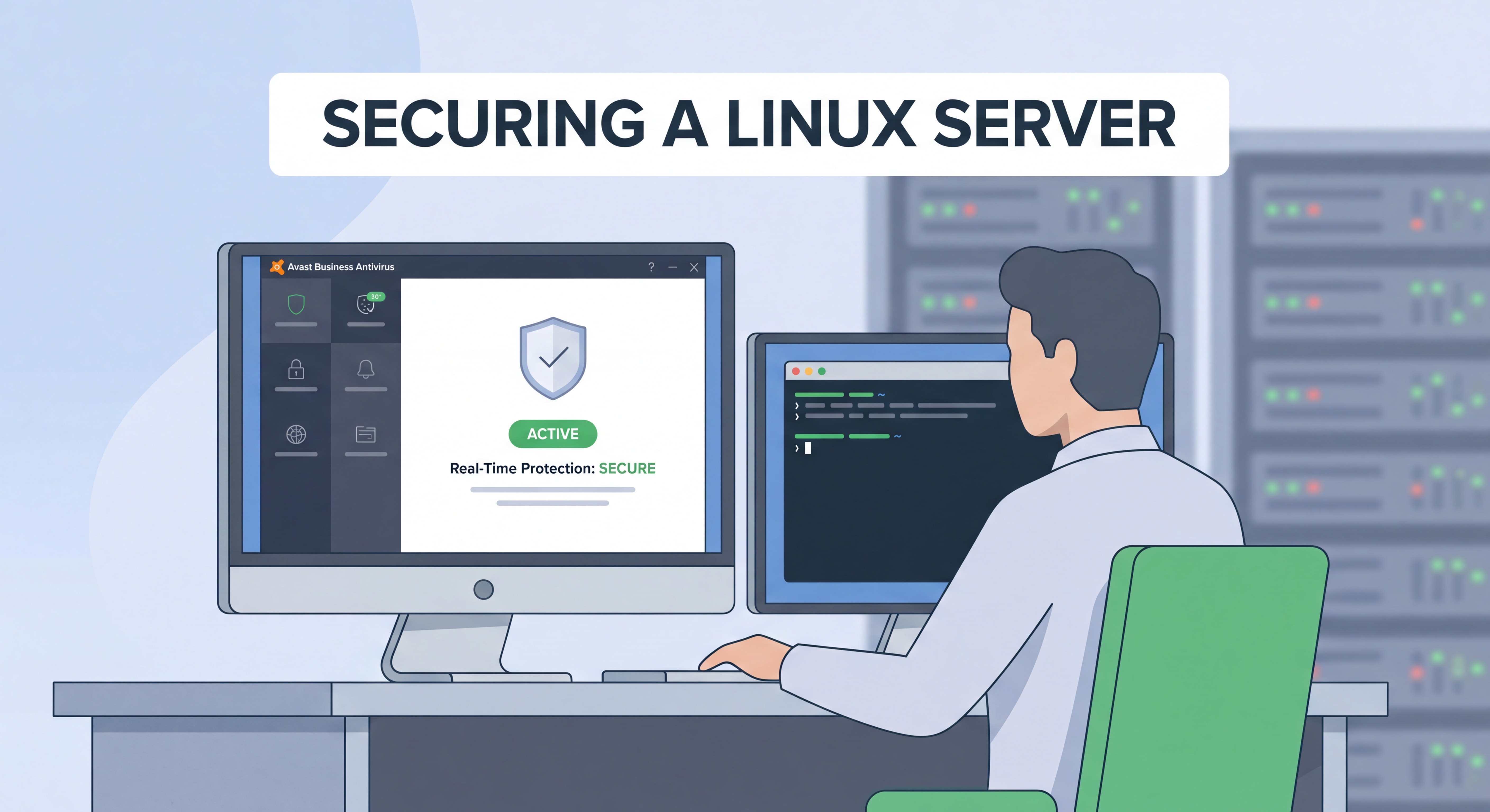 Administrateur système sécurisant un serveur Linux avec Avast Business Antivirus, interface de protection en temps réel sur écran