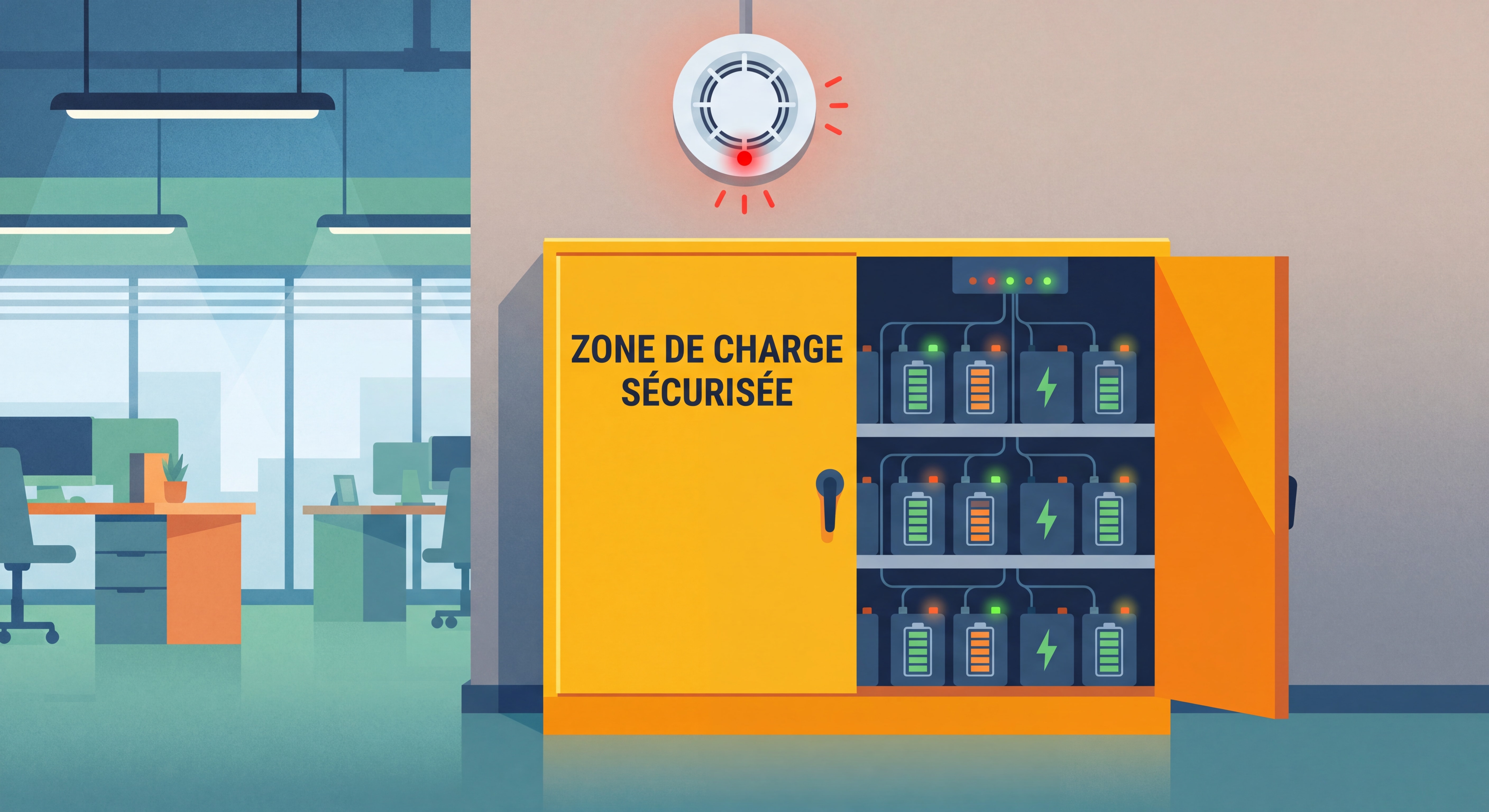 Zone de charge sécurisée pour batteries lithium-ion en entreprise — armoire ignifugée et détecteur de fumée