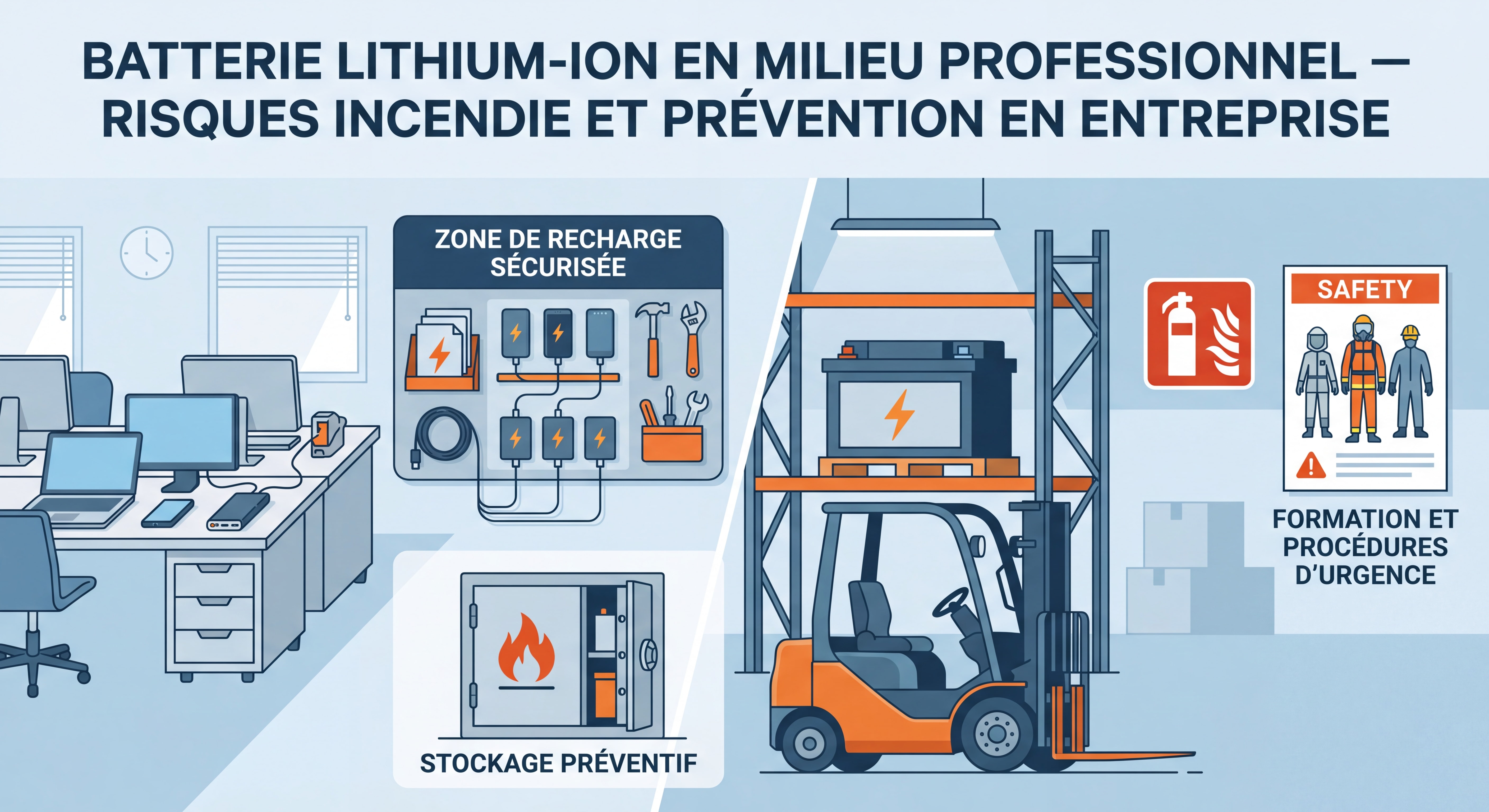 Batterie lithium-ion en milieu professionnel — risques incendie et prévention en entreprise