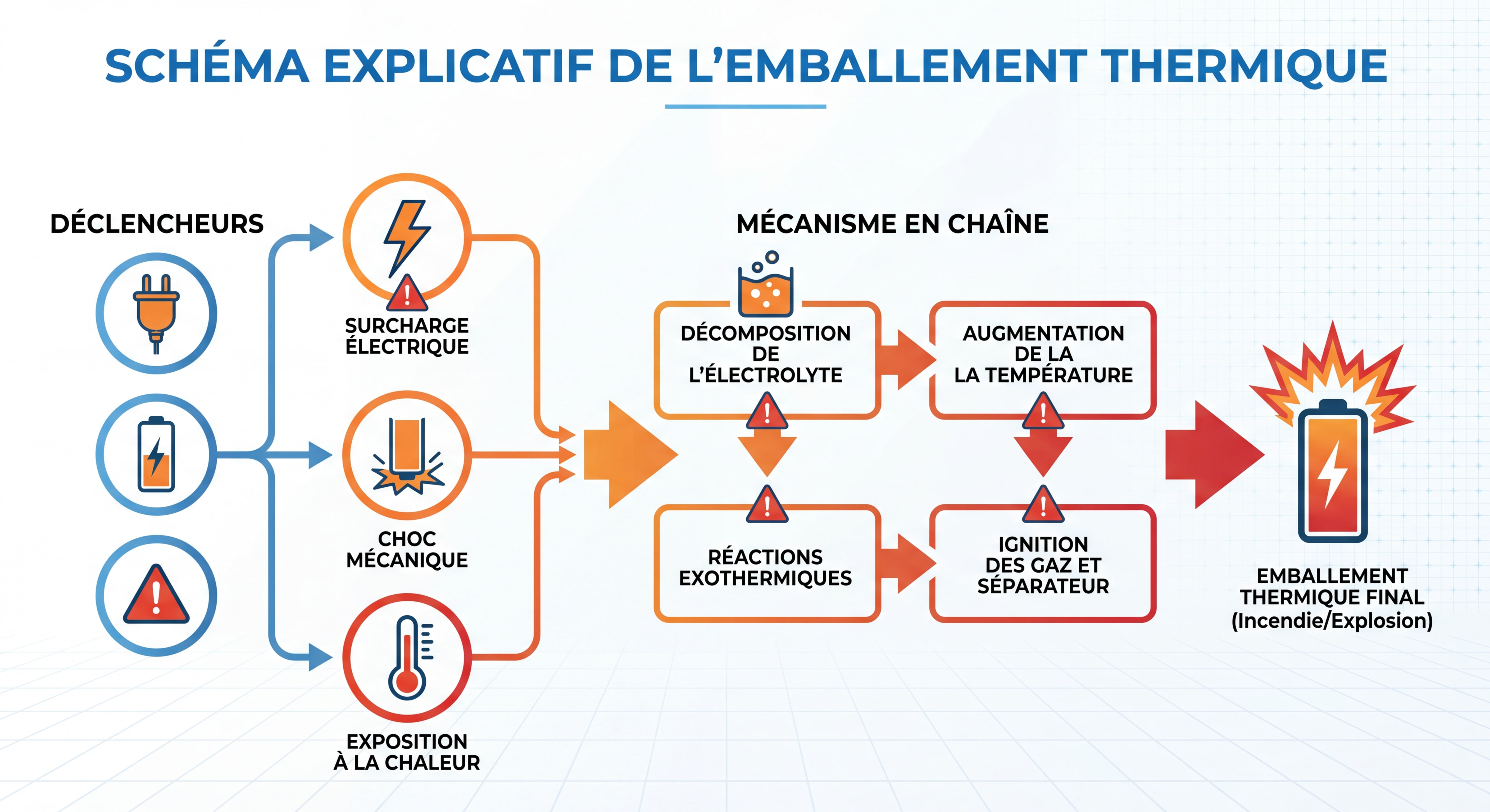 Schéma explicatif de l'emballement thermique d'une batterie lithium-ion — mécanisme en chaîne et déclencheurs