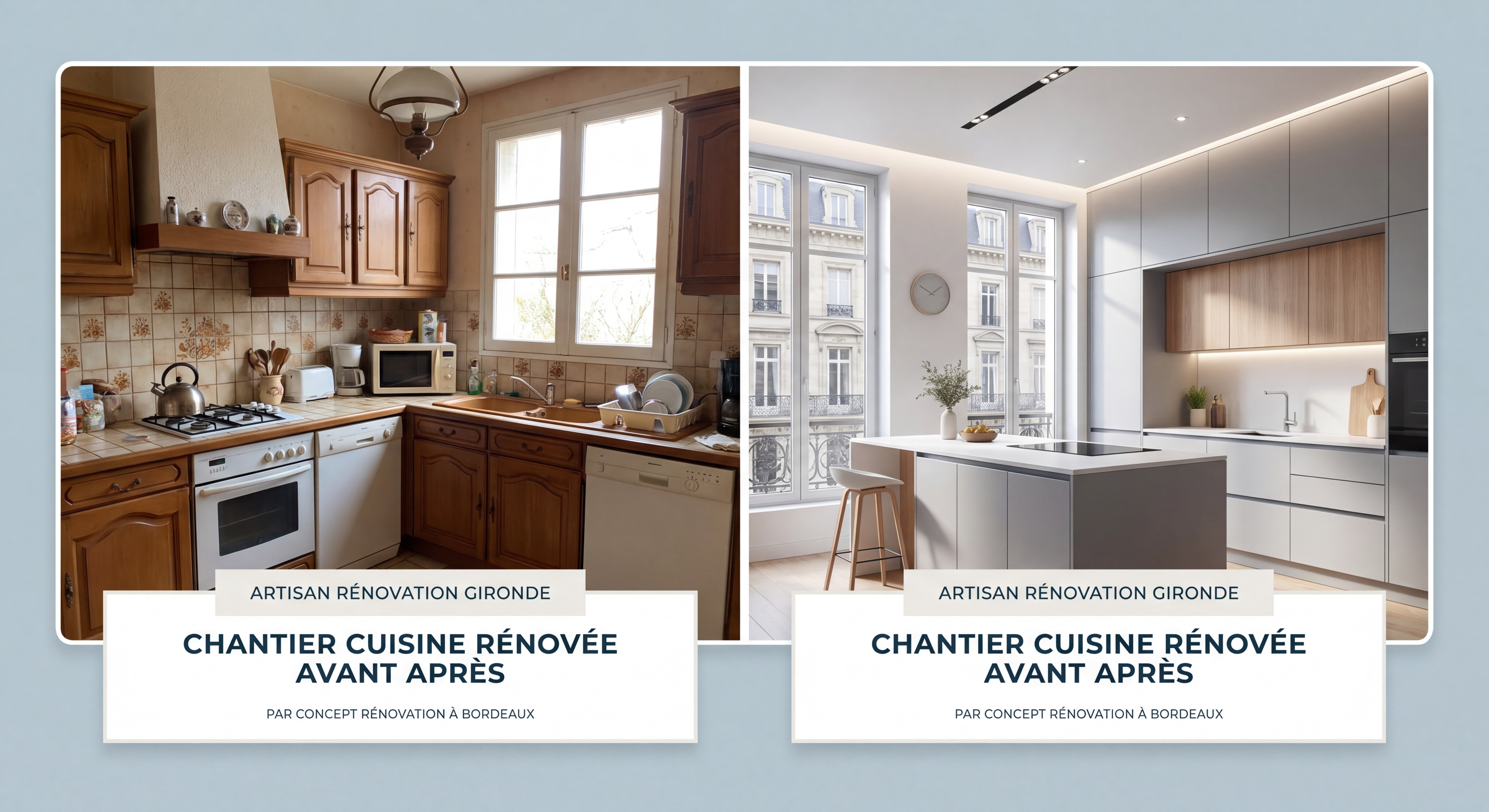 Artisan rénovation Gironde - chantier cuisine rénovée avant après par Concept Rénovation à Bordeaux