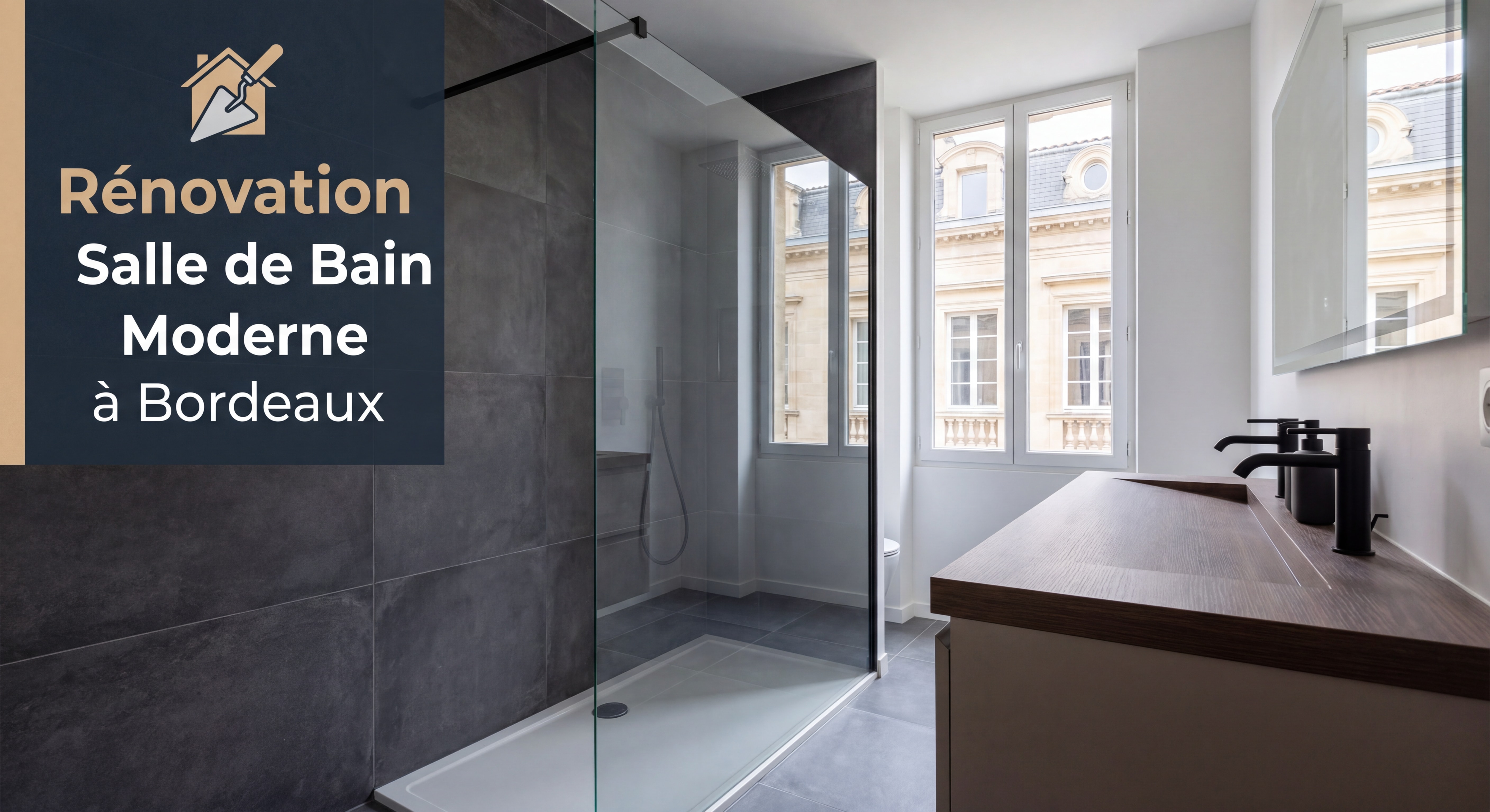 Rénovation salle de bain moderne à Bordeaux avec douche à l'italienne, carrelage grand format et robinetterie haut de gamme