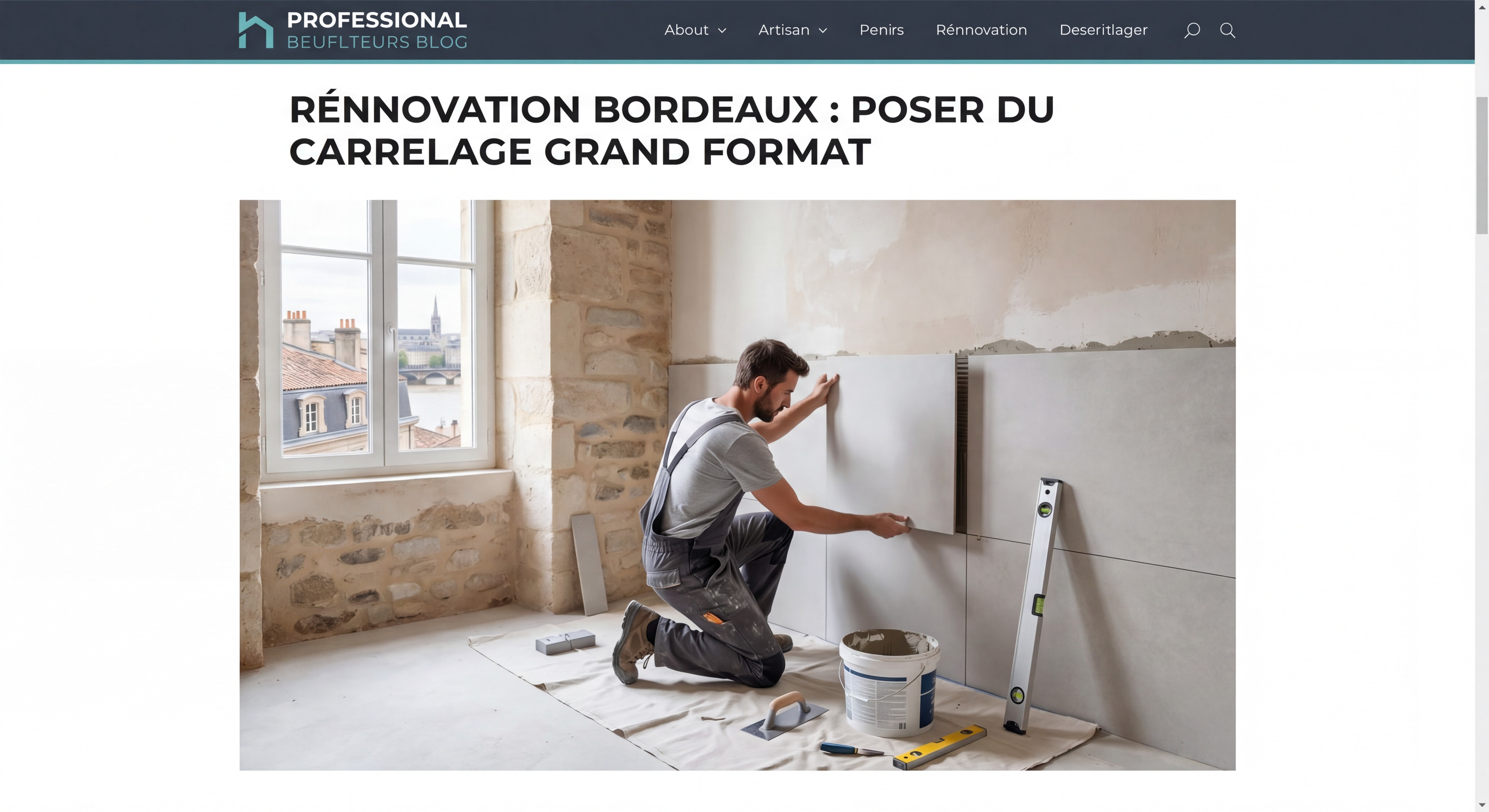 Artisan en train de poser du carrelage grand format dans une salle de bain en rénovation à Bordeaux