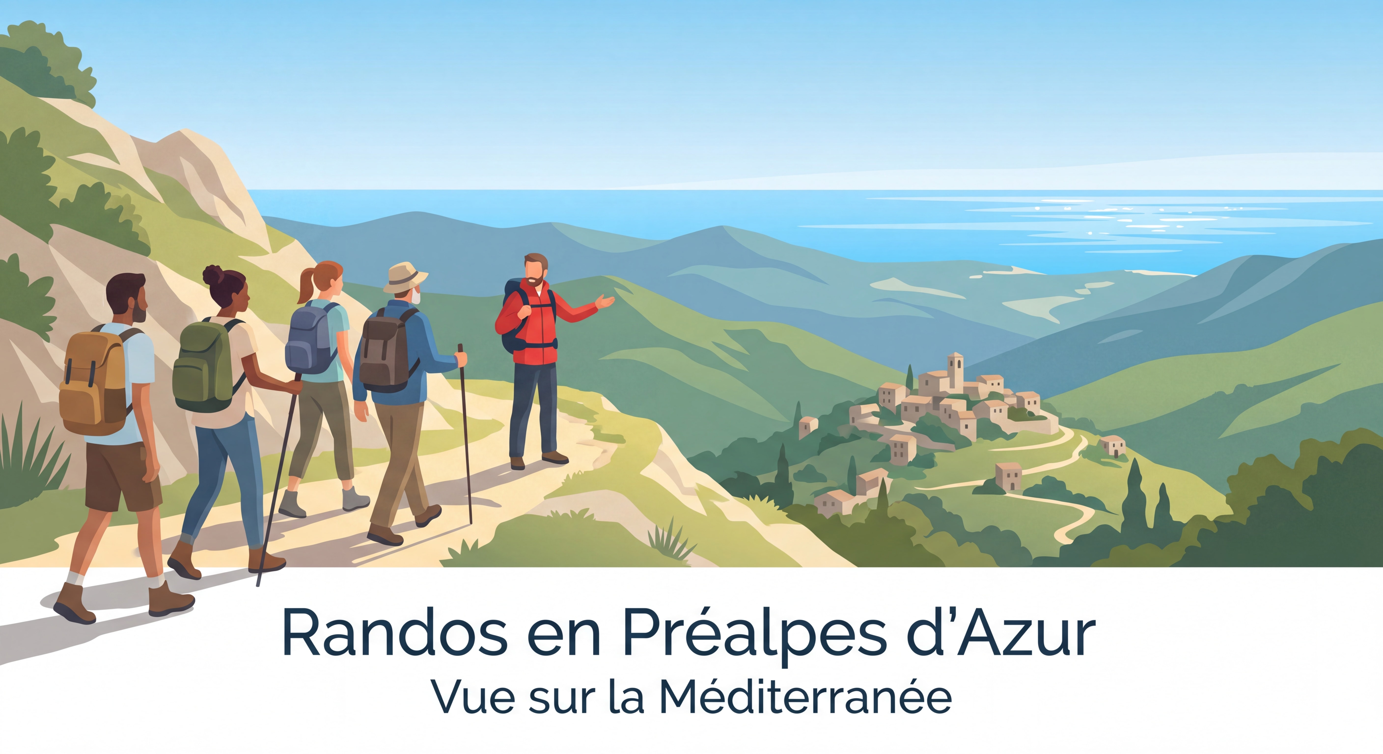 Groupe de randonneurs avec accompagnateur en montagne sur un sentier des Préalpes d'Azur, vue sur la Méditerranée depuis Tourrettes-sur-Loup