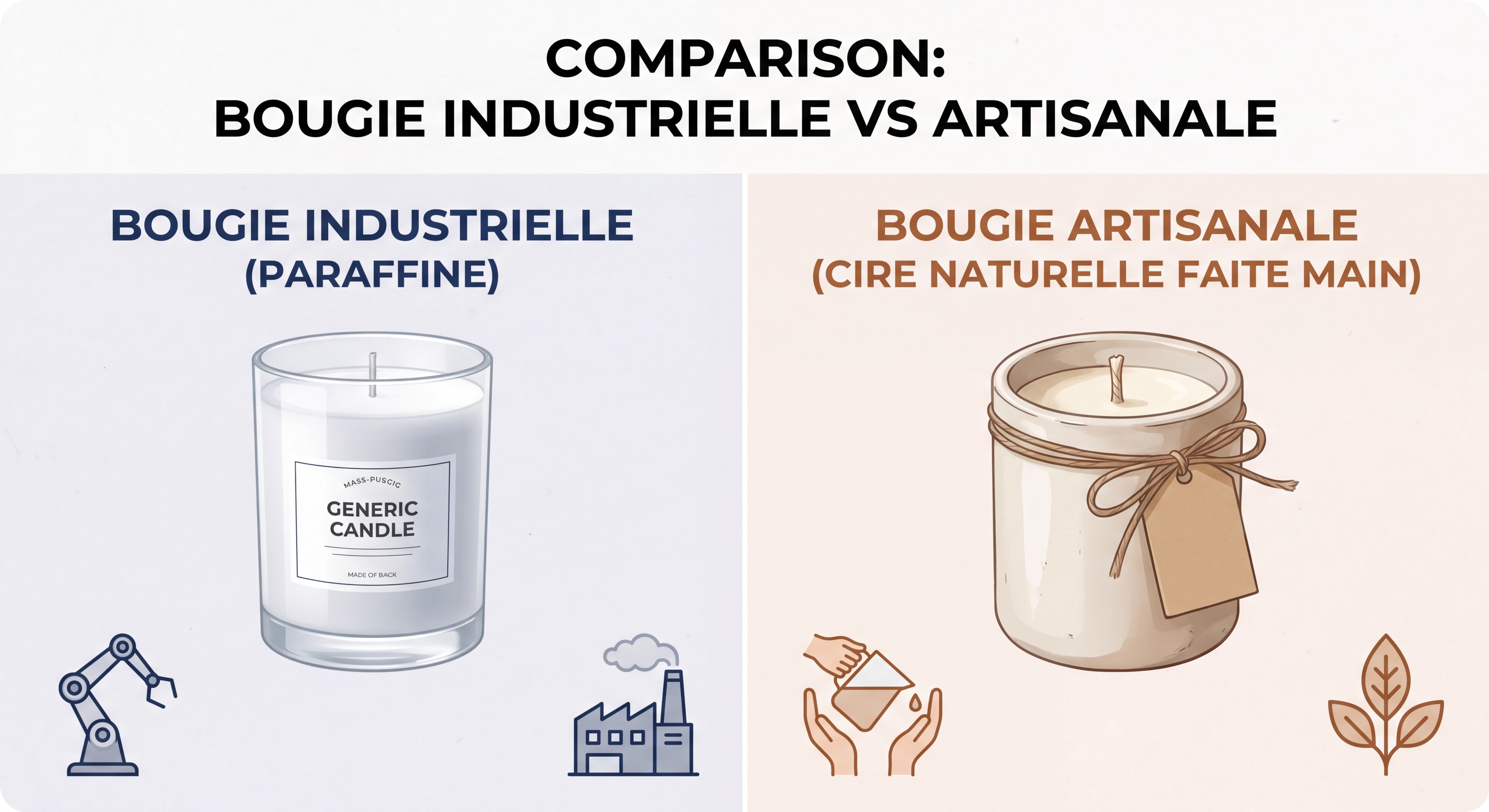 Comparaison côte à côte d'une bougie industrielle en paraffine et d'une bougie artisanale en cire naturelle faite main, mise en valeur de la qualité artisanale