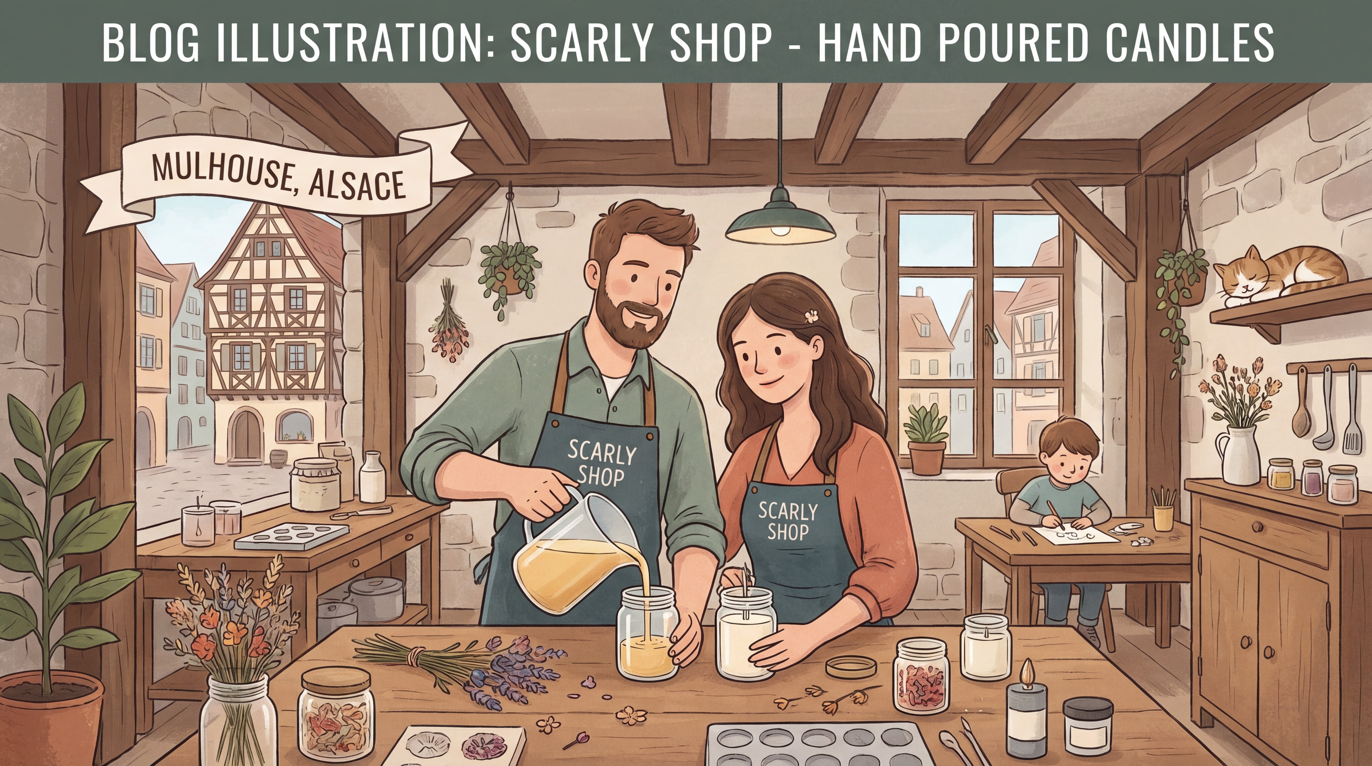 Artisan de Scarly Shop en train de couler à la main des bougies artisanales dans leur atelier de Mulhouse en Alsace, ambiance familiale et authentique