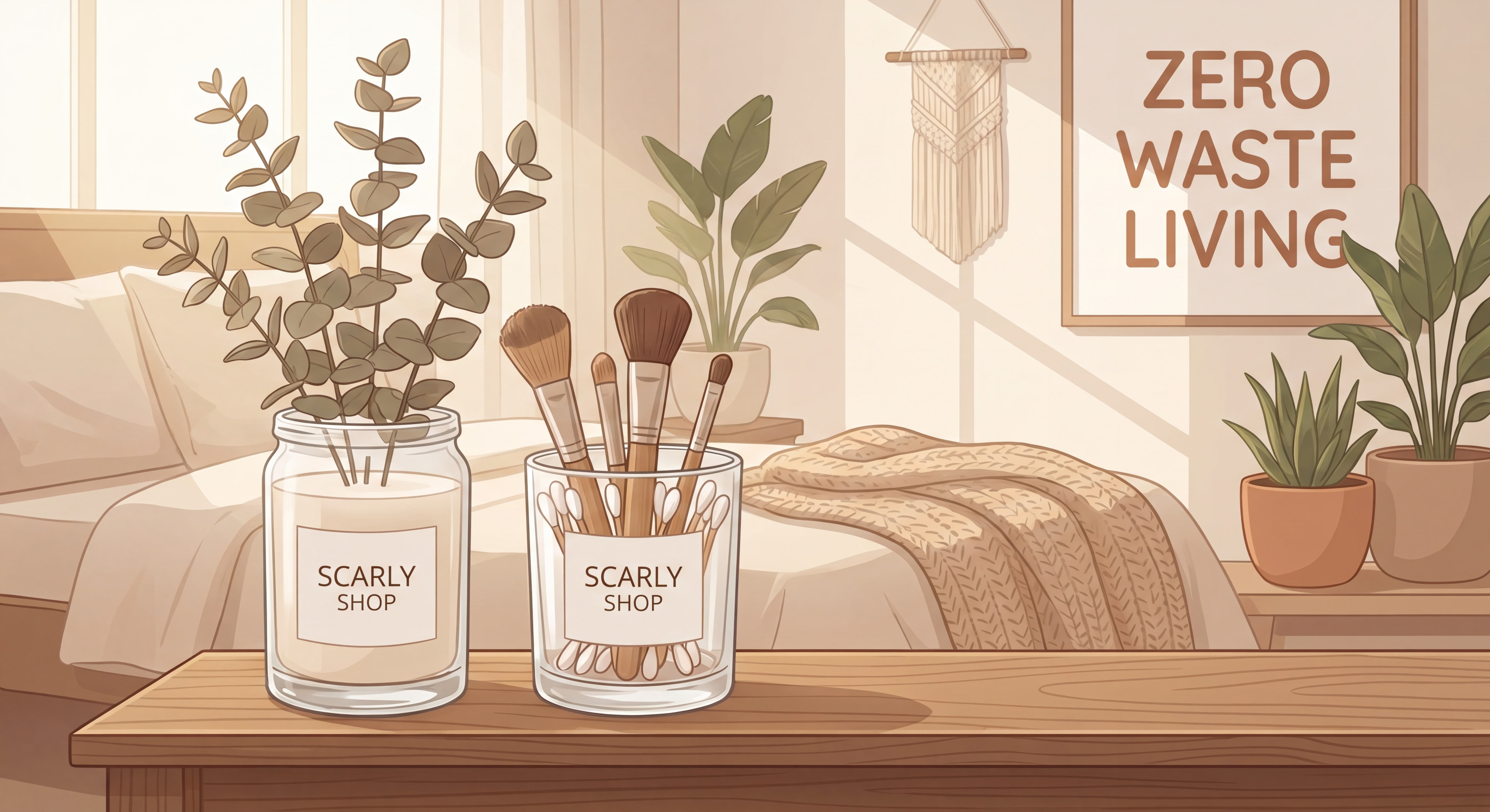 Pot de bougie Scarly Shop réutilisé comme vase et organisateur déco dans un intérieur naturel et chaleureux - démarche zéro déchet