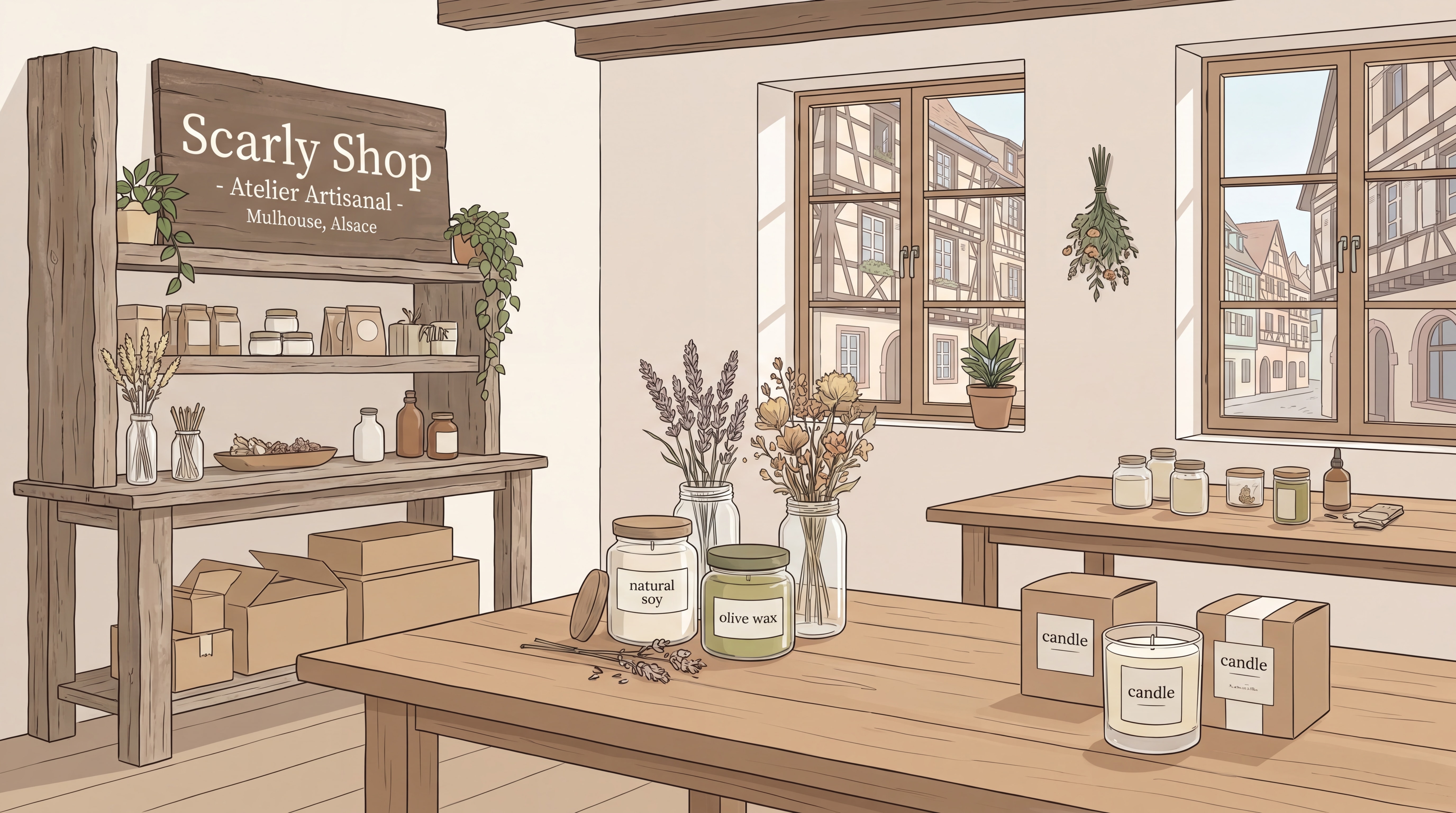 Atelier artisanal Scarly Shop à Mulhouse - fabrication fait main de bougies naturelles à la cire de soja et d'olive en Alsace