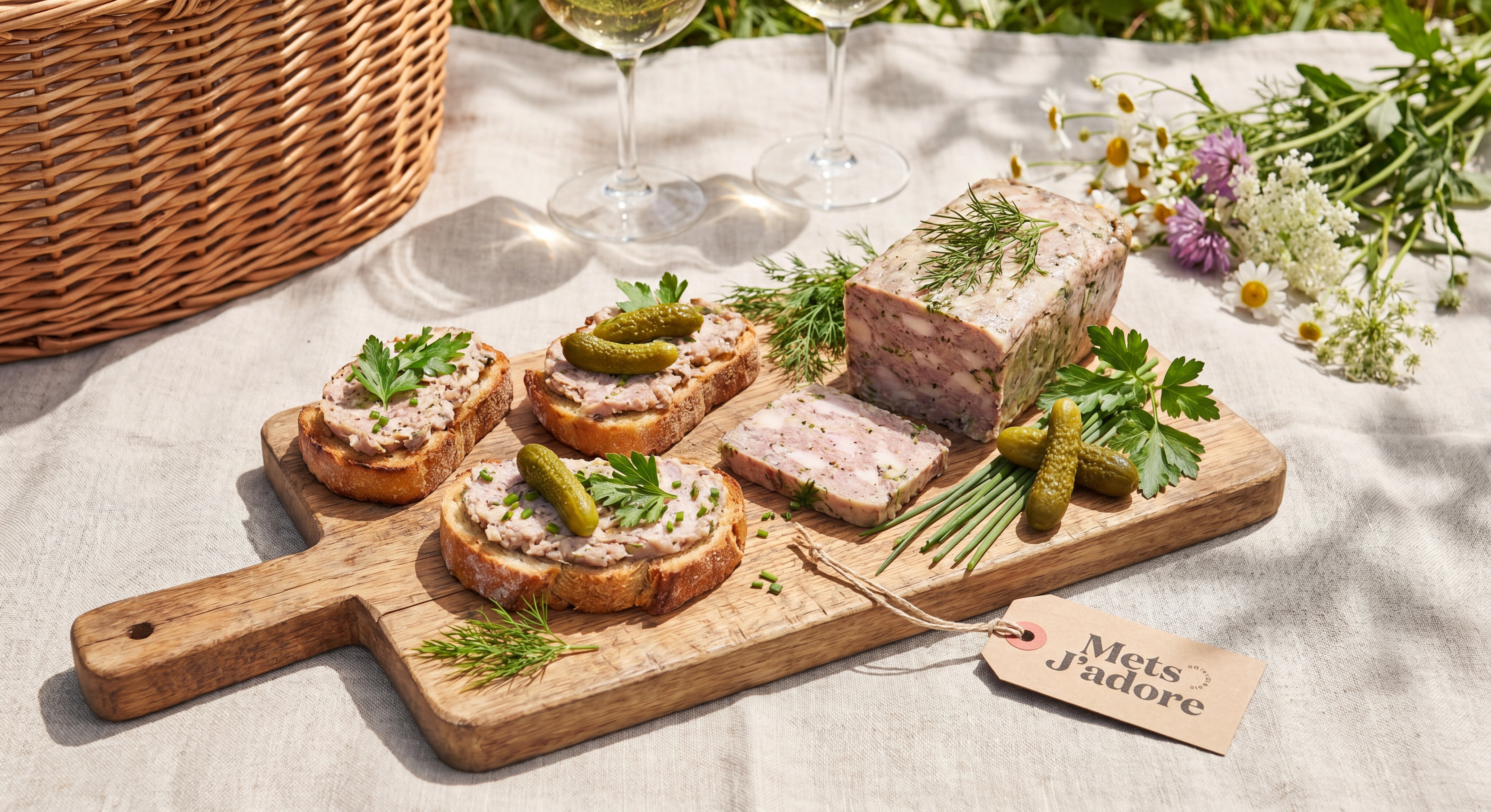Toasts et tartines garnies de terrine artisanale Mets J'adore avec cornichons et herbes fraîches sur une planche en bois lors d'un pique-nique en plein air
