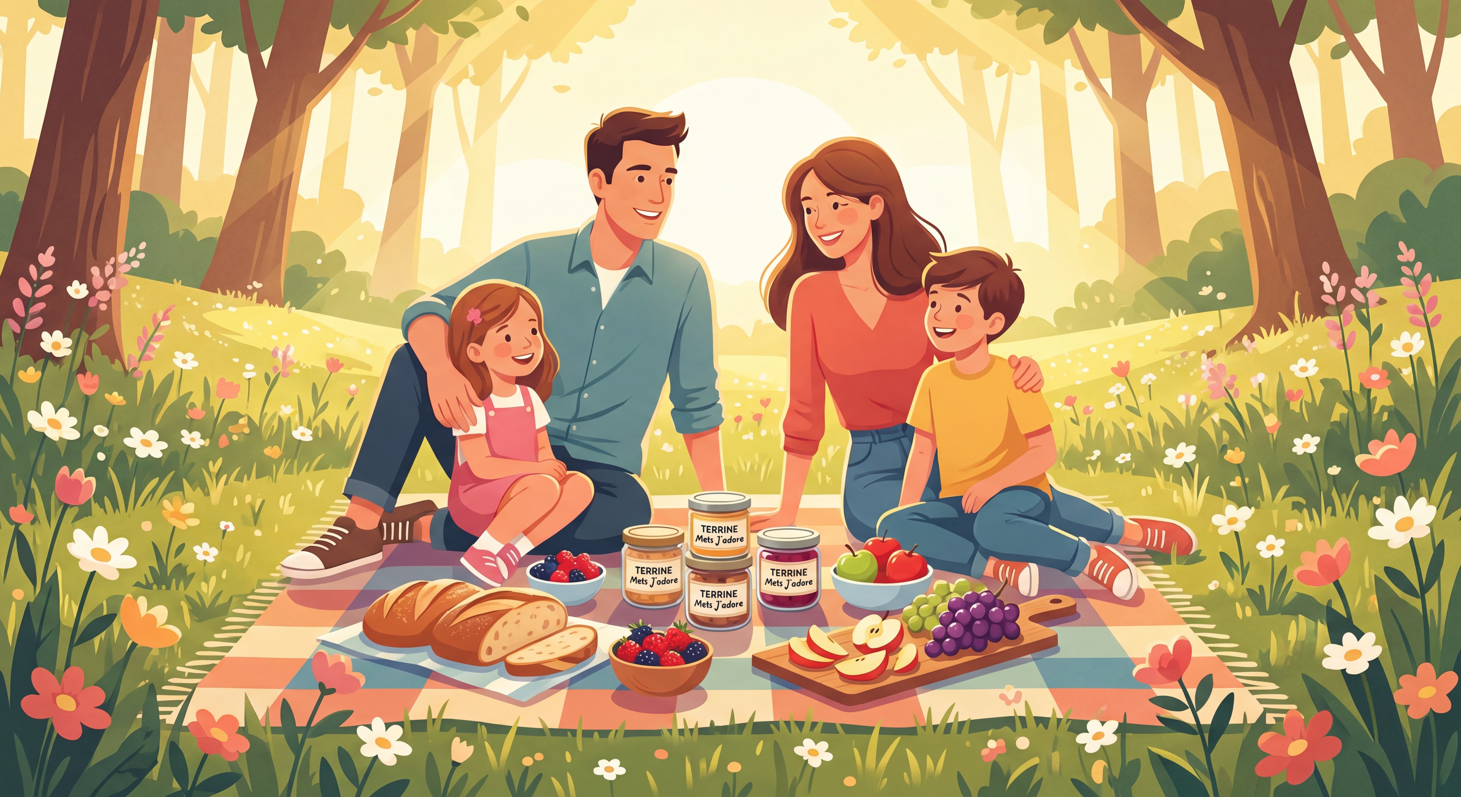 Vue ensoleillée d'un pique-nique en famille dans la nature printanière avec bocaux de terrines Mets J'adore, pain artisanal et fruits de saison sur une nappe colorée