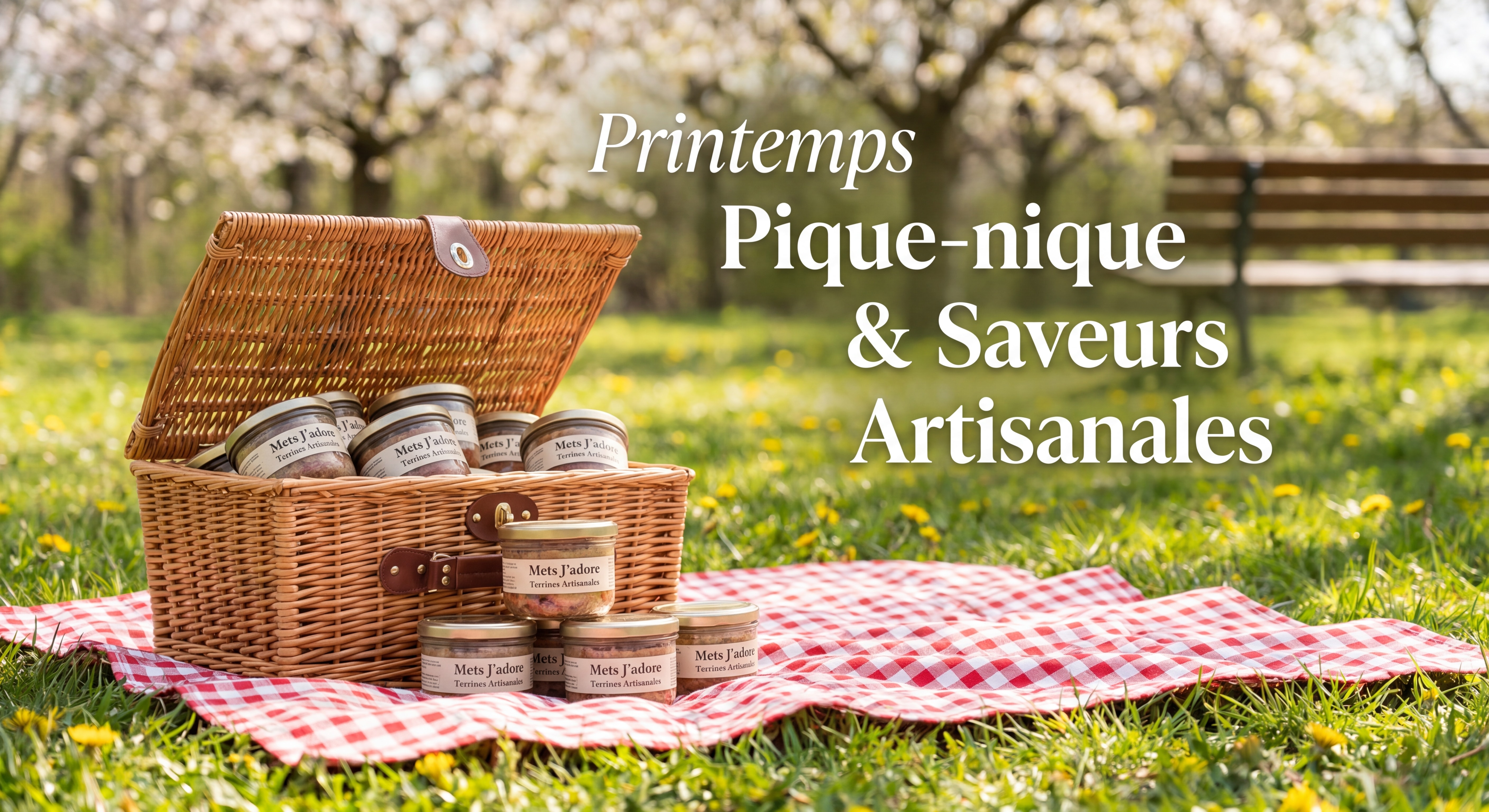 Panier pique-nique printanier avec bocaux de terrines artisanales Mets J'adore posés sur une nappe à carreaux dans l'herbe verte au printemps