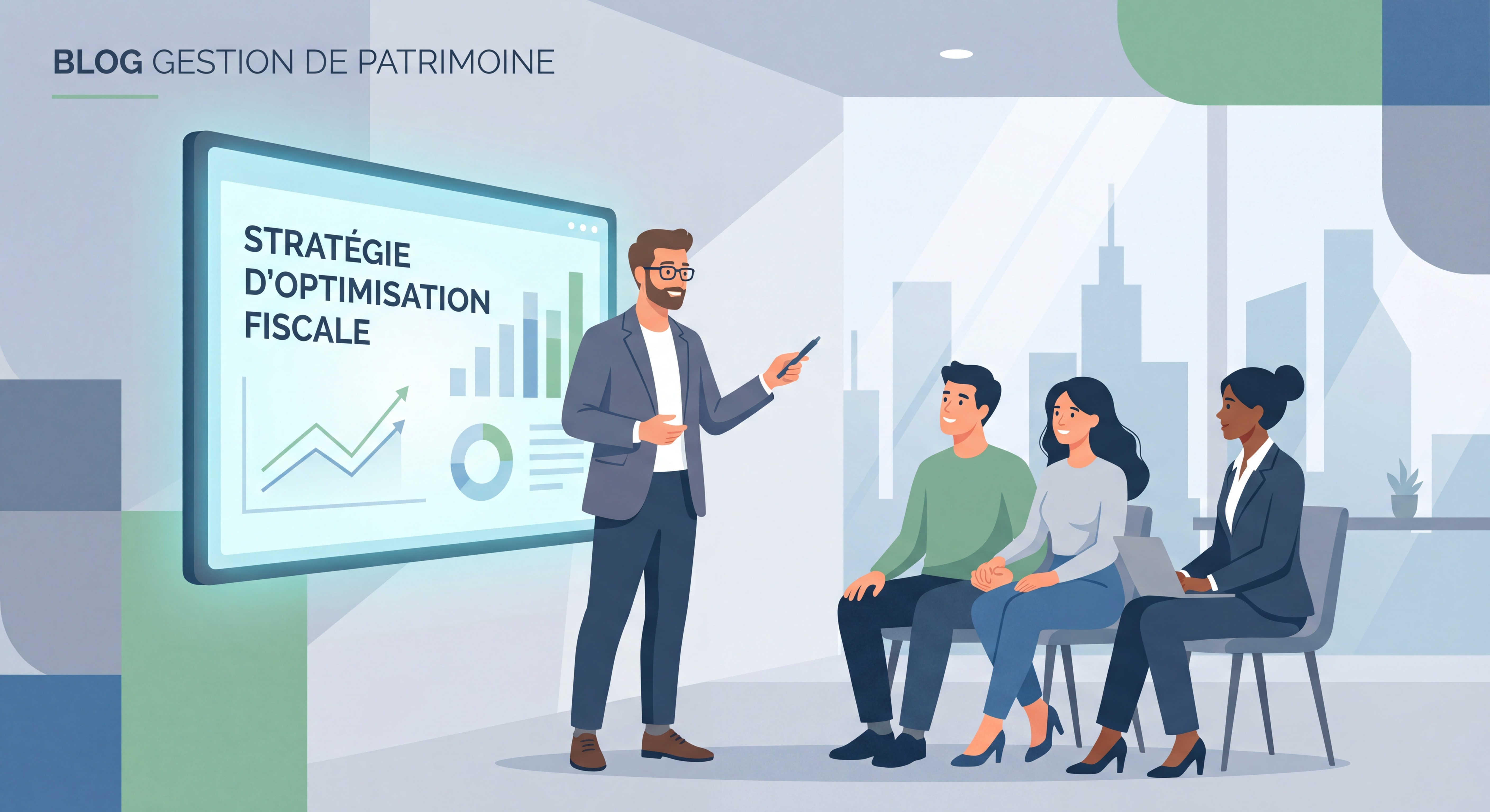 Illustration d'un conseiller en gestion de patrimoine présentant une stratégie d'optimisation fiscale à un couple de particuliers et un dirigeant d'entreprise, fond professionnel épuré