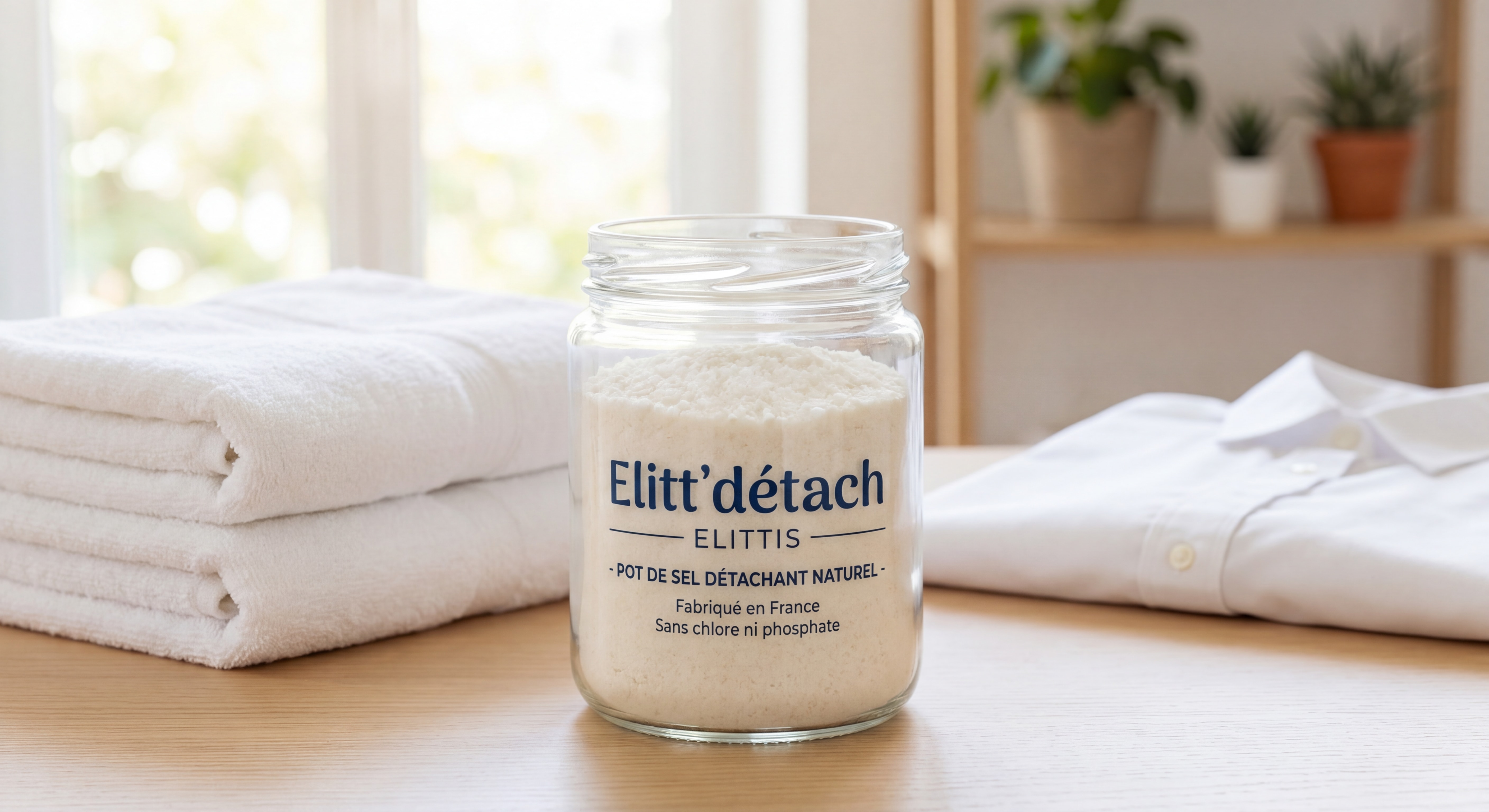 Pot de sel détachant naturel Elitt'détach ELITTIS posé sur une table avec du linge blanc propre en arrière-plan, produit fabriqué en France sans chlore ni phosphate