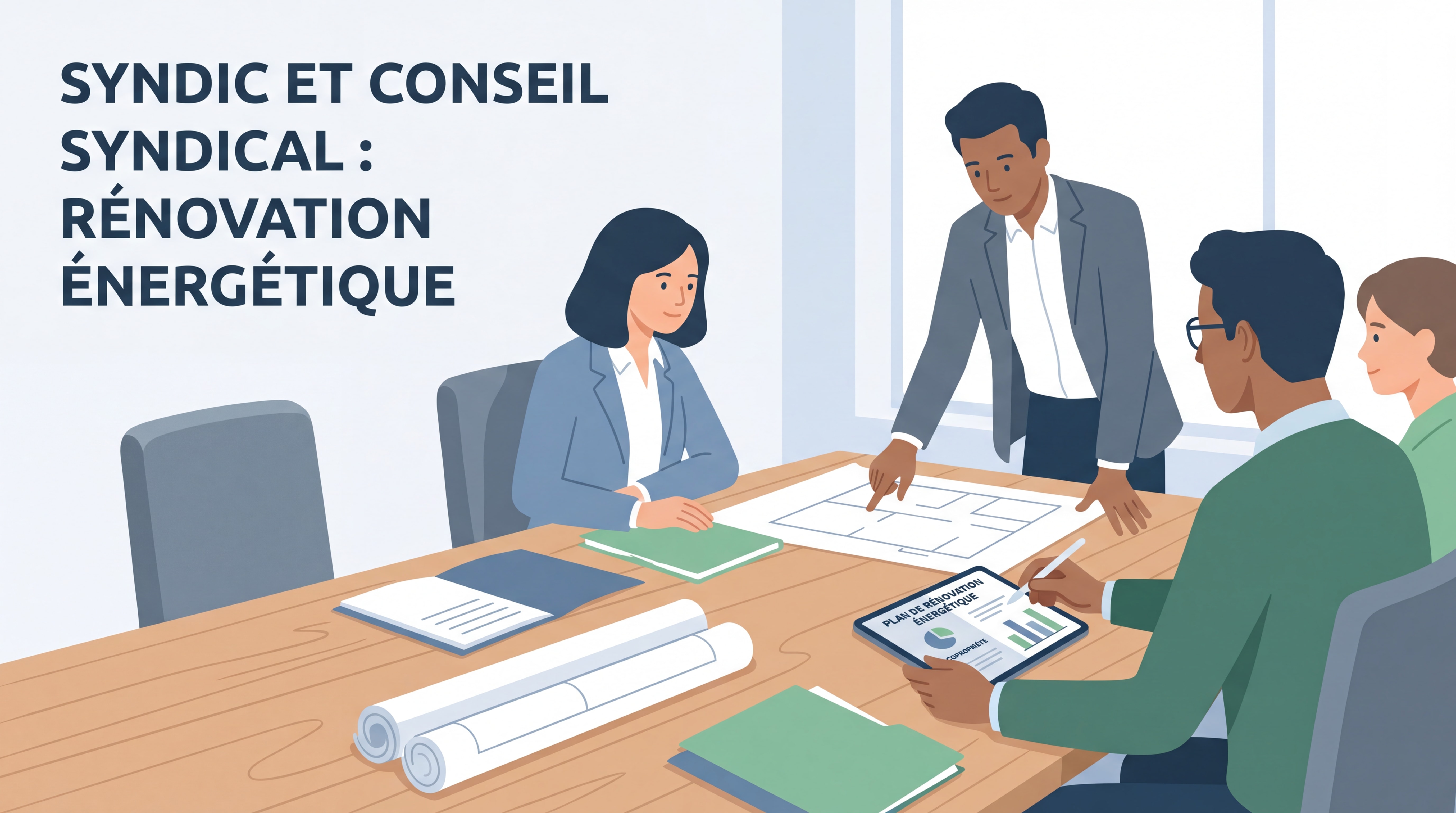 Syndic et conseil syndical réunis autour d'un plan de rénovation énergétique en copropriété, documents et tablette sur la table