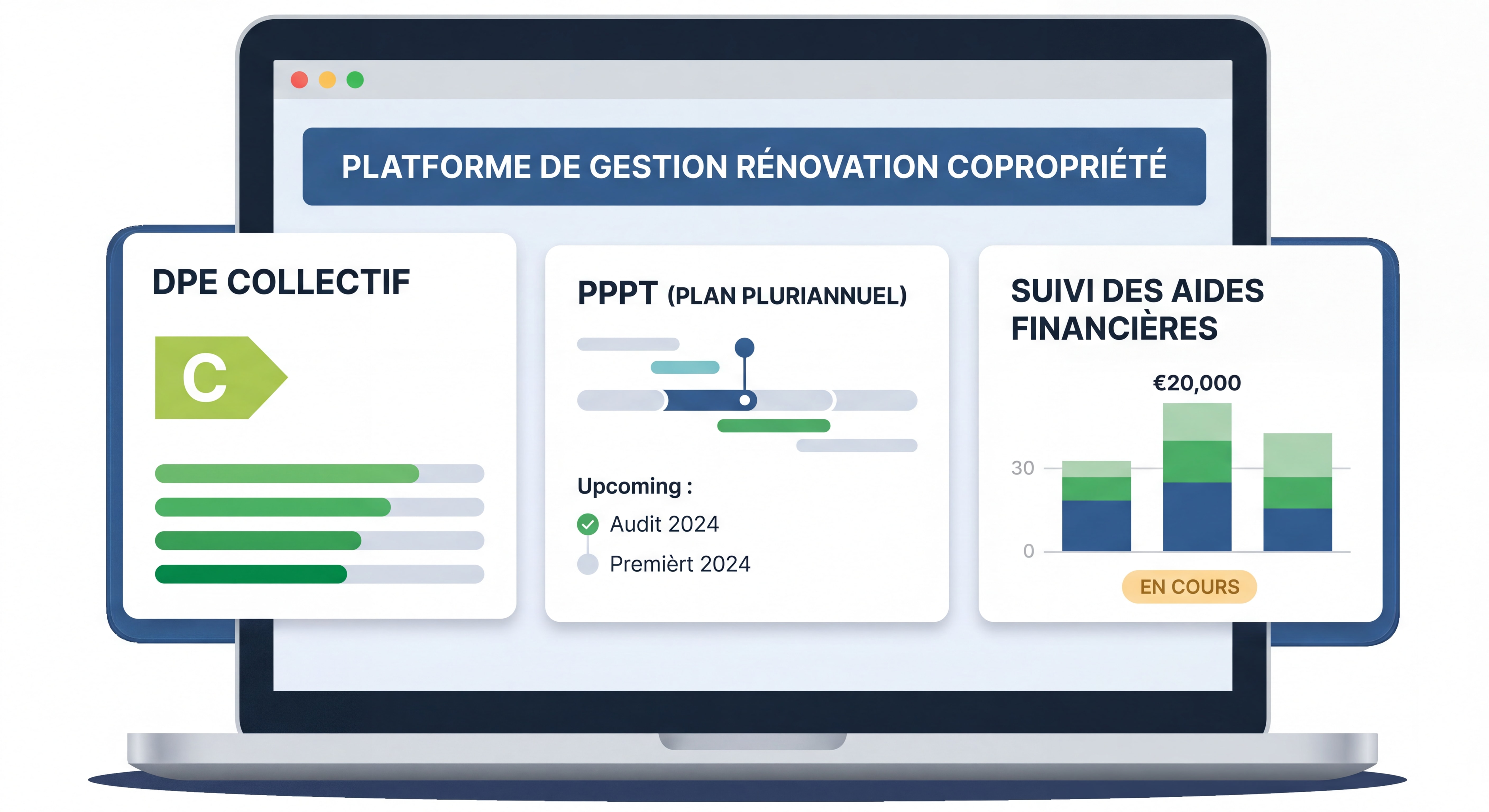 Interface d'une plateforme numérique de gestion de rénovation copropriété montrant le tableau de bord avec DPE collectif, PPPT et suivi des aides financières