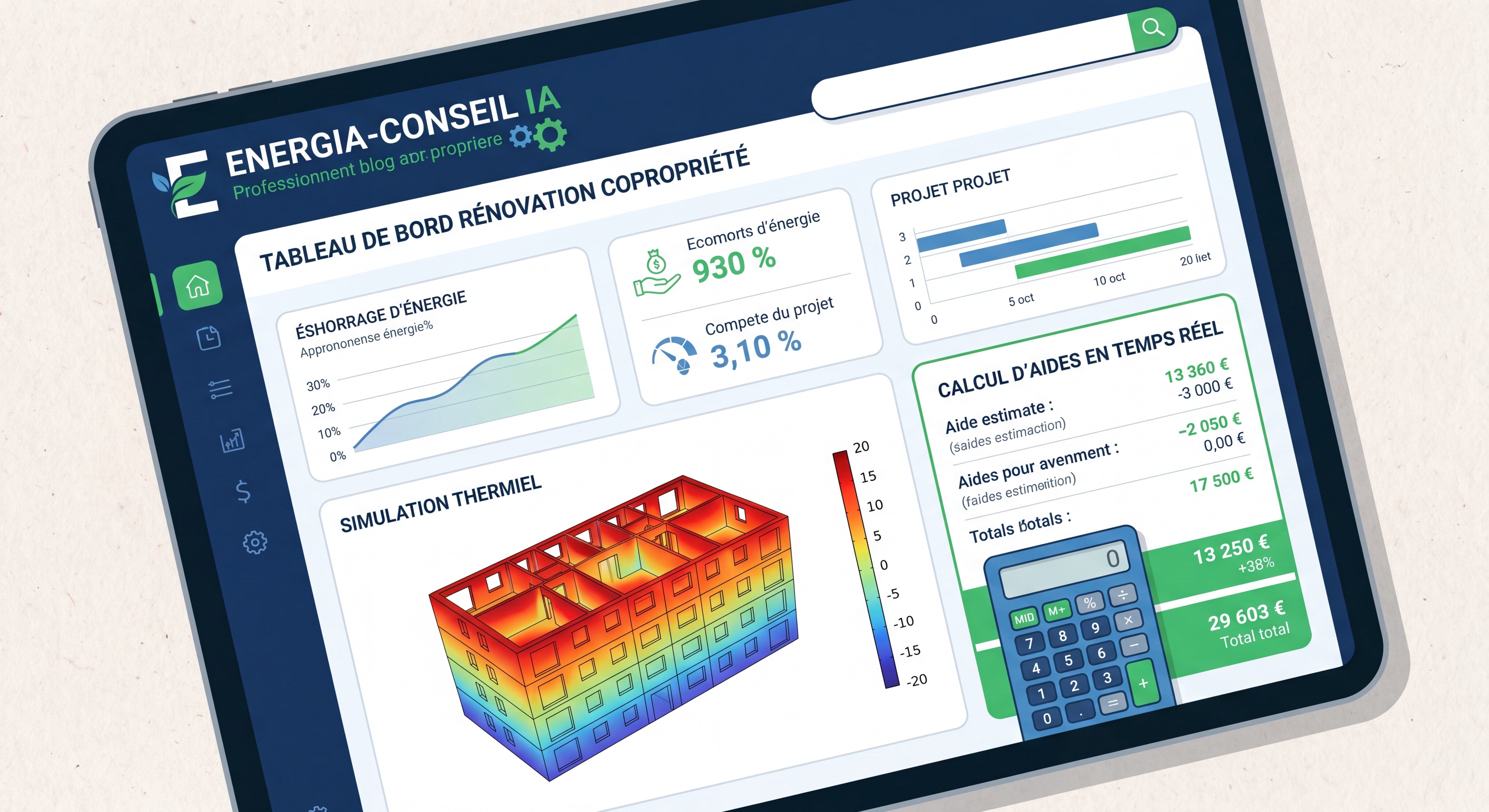 Logo et interface ENERGIA-CONSEIL IA avec tableau de bord de rénovation énergétique copropriété, simulation 3D thermique et calcul d'aides en temps réel