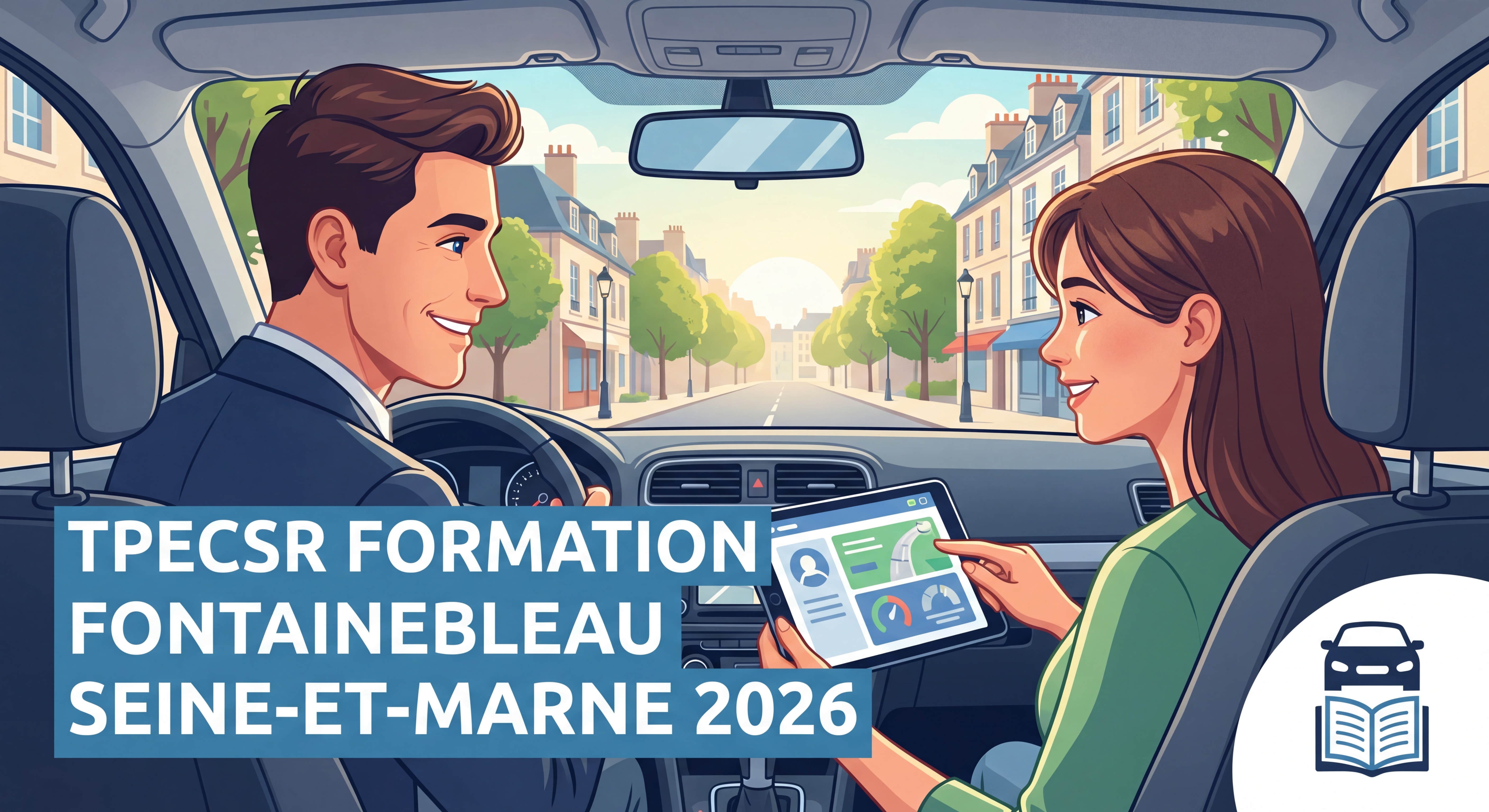 Enseignant de la conduite souriant avec un élève dans une voiture, formation TPECSR Fontainebleau Seine-et-Marne 2026