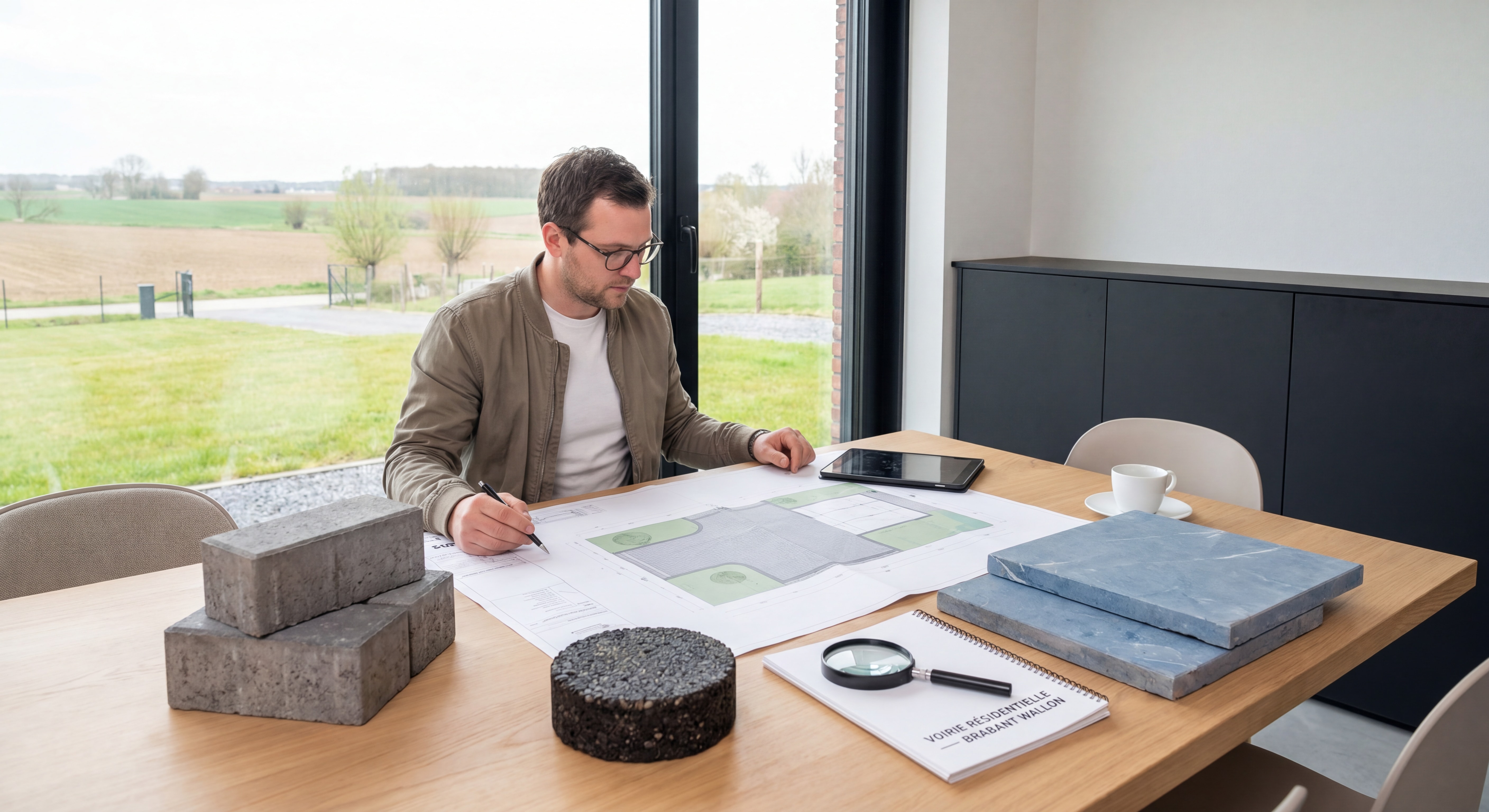 Expert en voirie résidentielle belge analysant des plans d'allée pavée en Brabant Wallon, avec des échantillons de matériaux — pavés, enrobé, pierre bleue — posés sur une table
