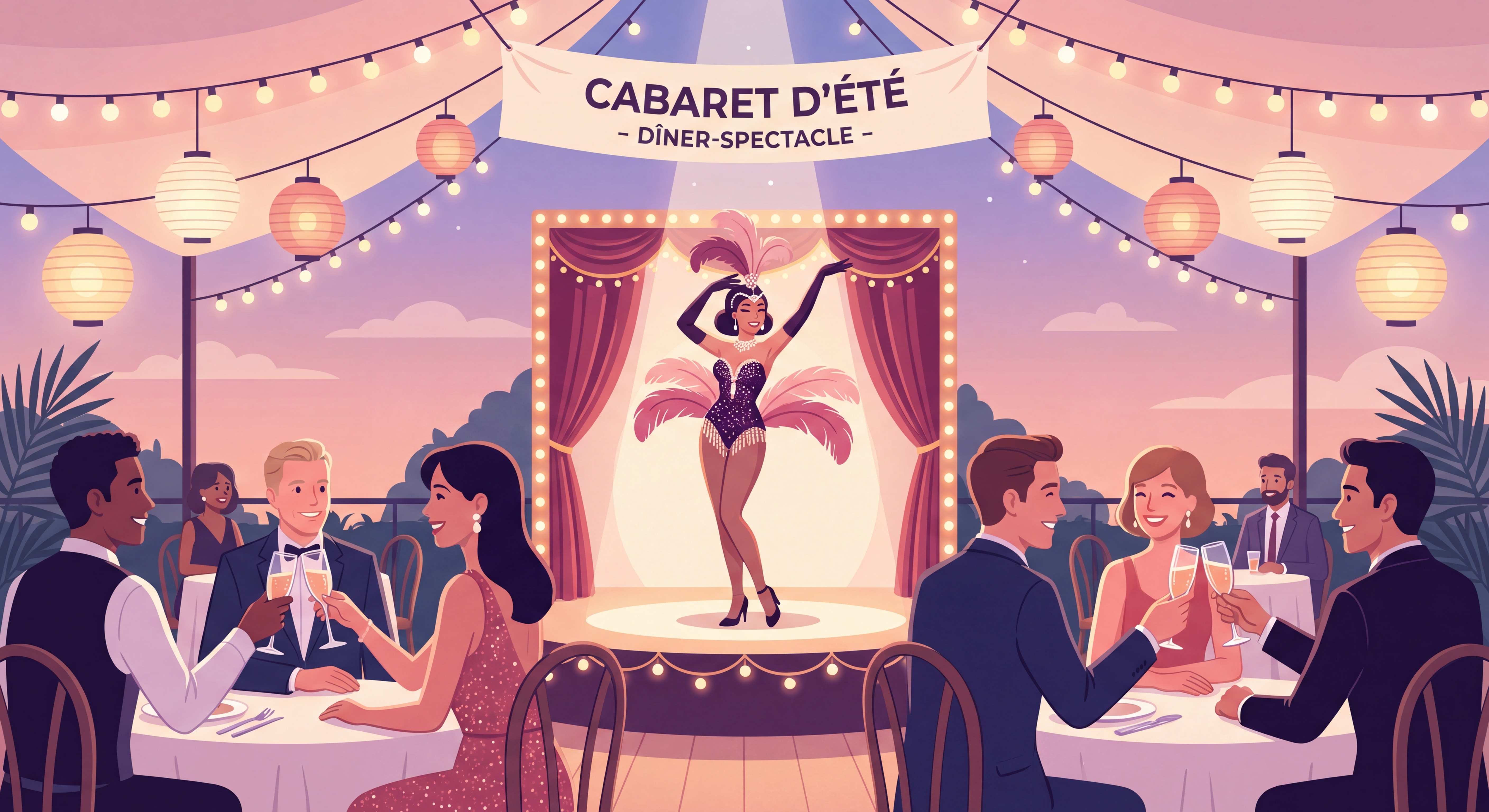 Artiste de cabaret burlesque en représentation lors d'un dîner-spectacle estival, ambiance scintillante et festive avec public élégant
