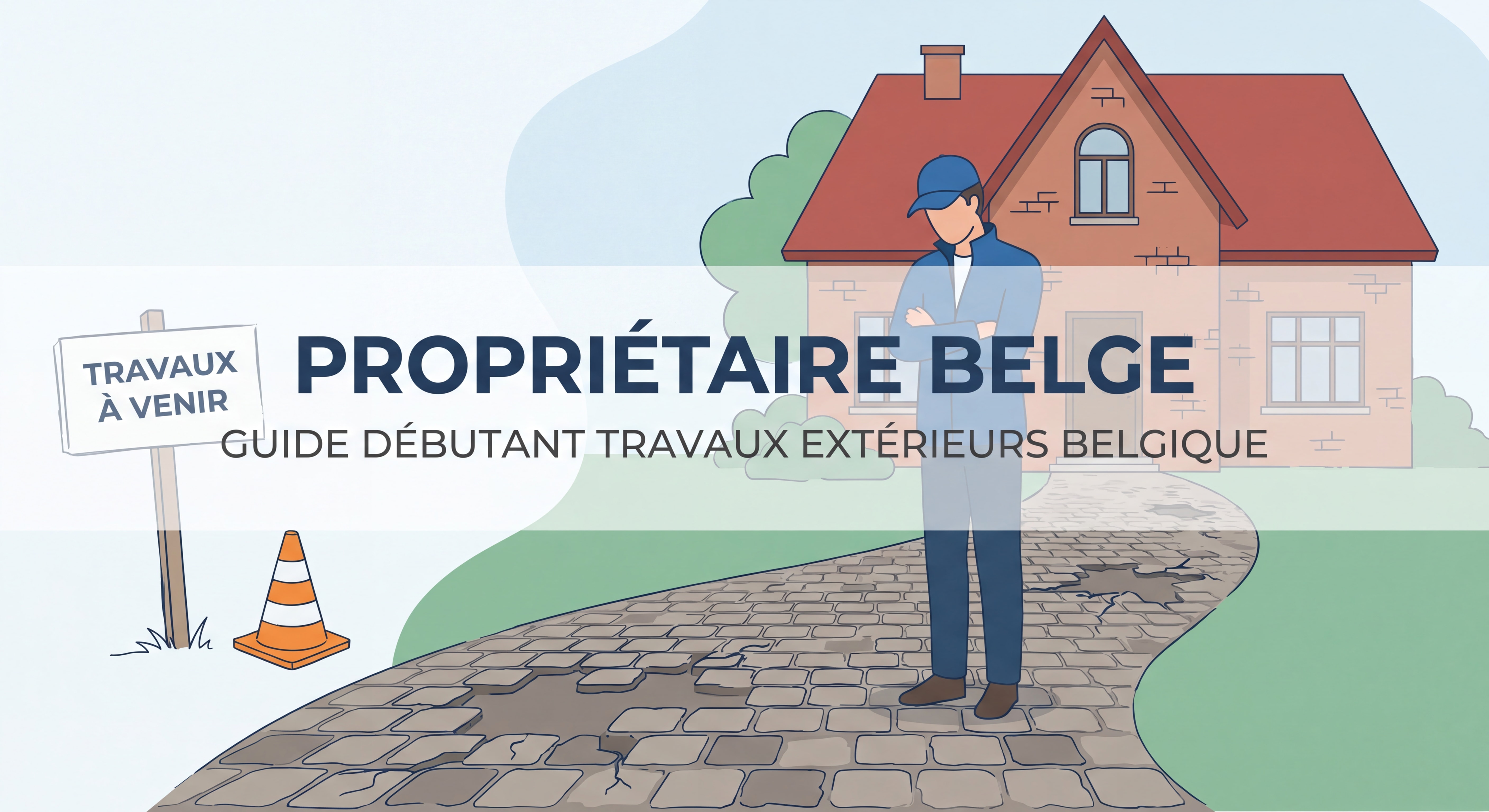 Propriétaire belge devant son allée en pavés avant travaux de voirie résidentielle — guide débutant travaux extérieurs Belgique