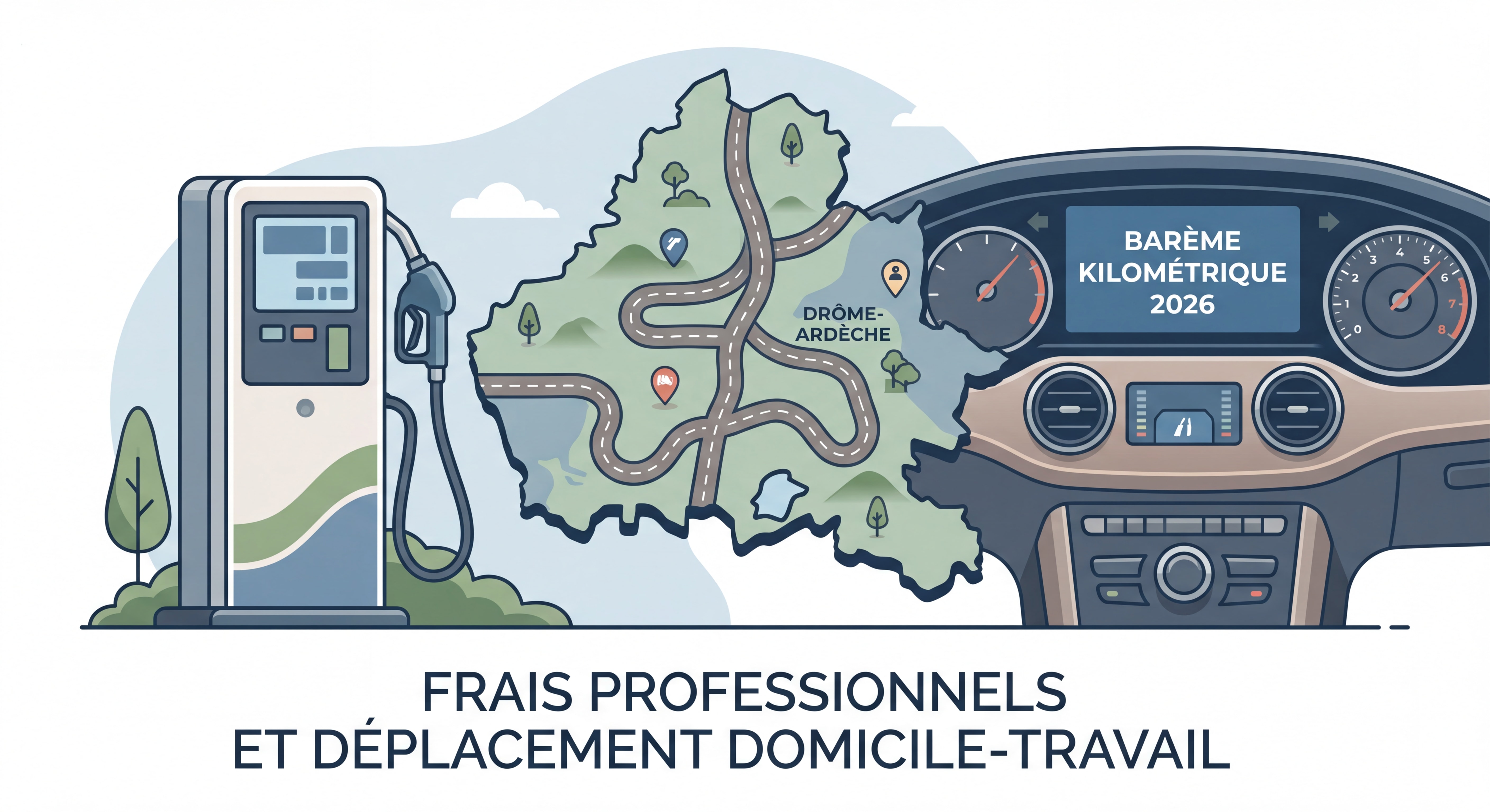Carte routière Drôme-Ardèche avec une pompe à carburant et un tableau de bord affichant le barème kilométrique 2026 — illustration frais professionnels et déplacement domicile-travail
