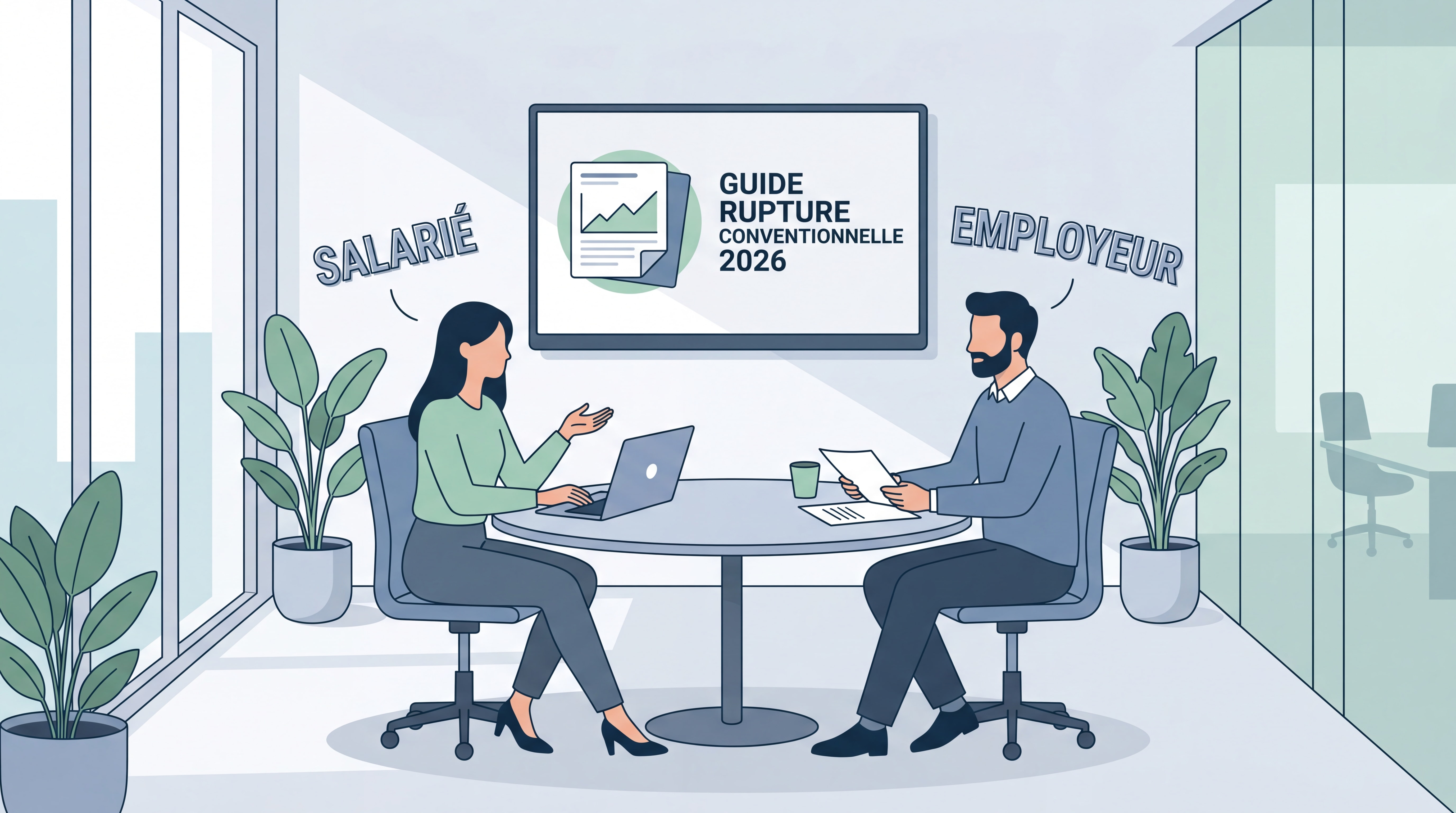 Salarié en entretien de négociation de rupture conventionnelle avec son employeur dans un bureau moderne — guide rupture conventionnelle 2026