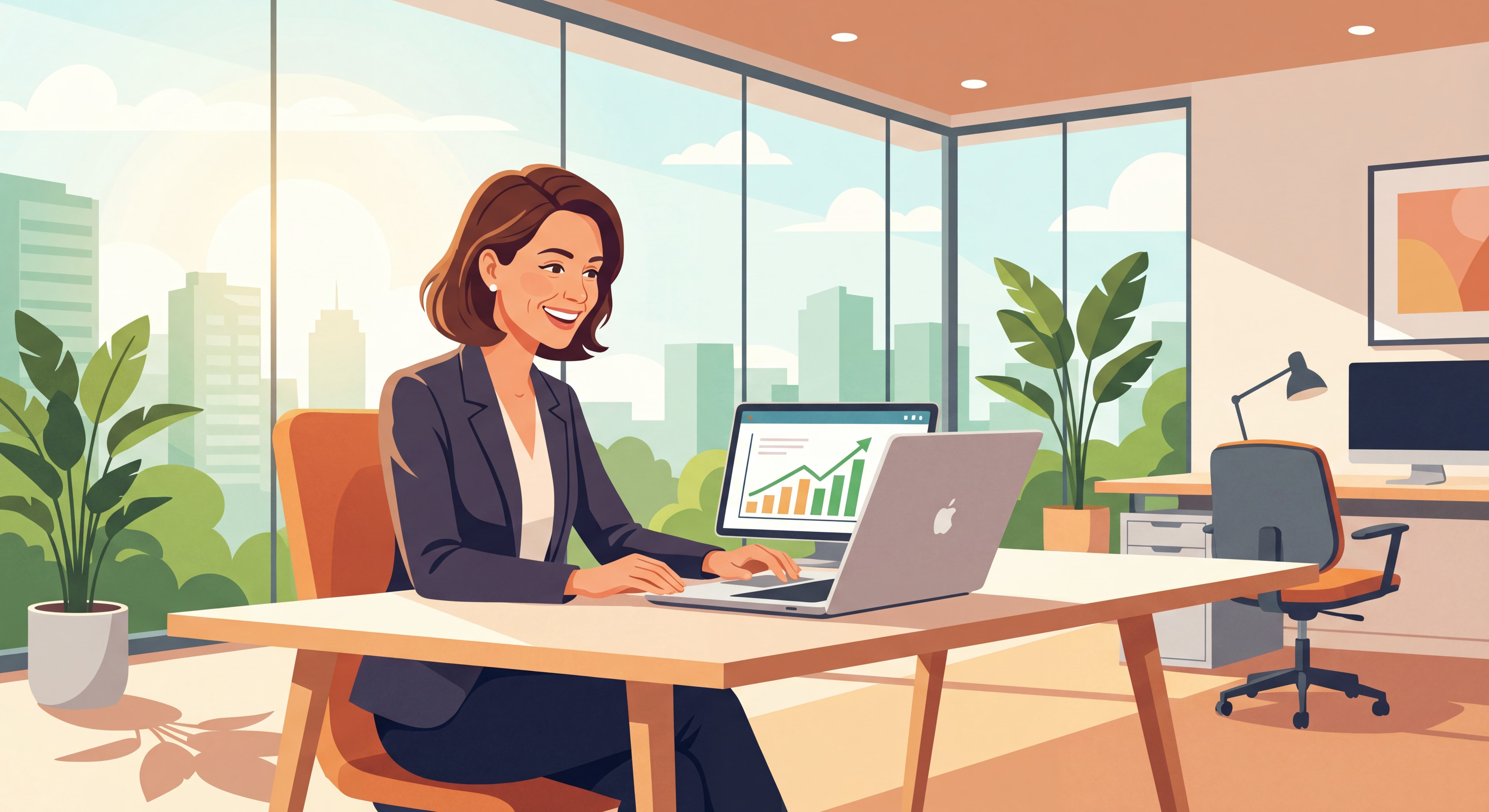 Homme ou femme d'environ 45 ans souriant, assis à un bureau moderne et lumineux, regardant un ordinateur portable avec confiance, ambiance professionnelle et positive