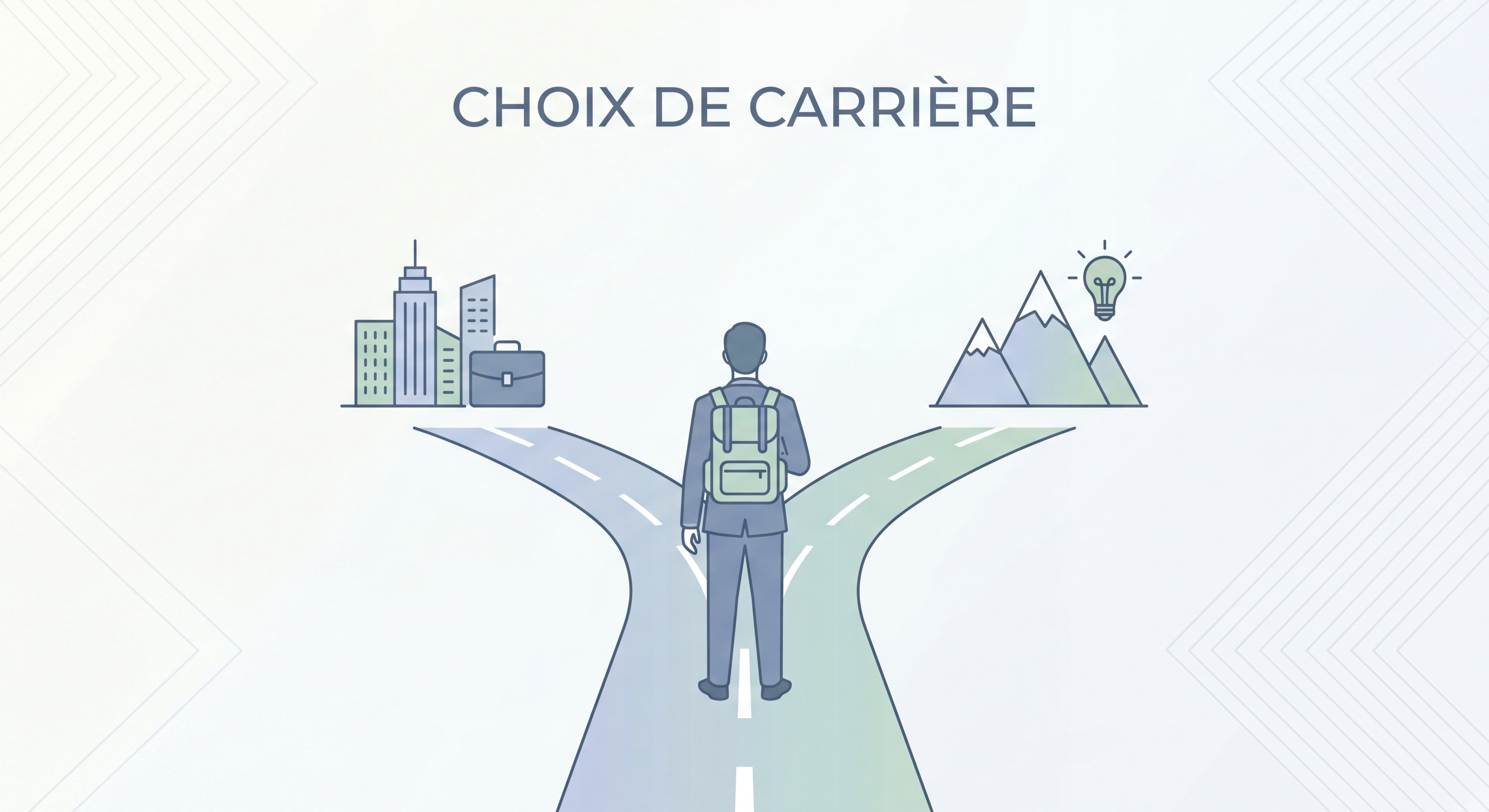 Illustration épurée d'une personne à un carrefour avec deux chemins distincts sur fond clair, symbolisant un choix de carrière professionnelle