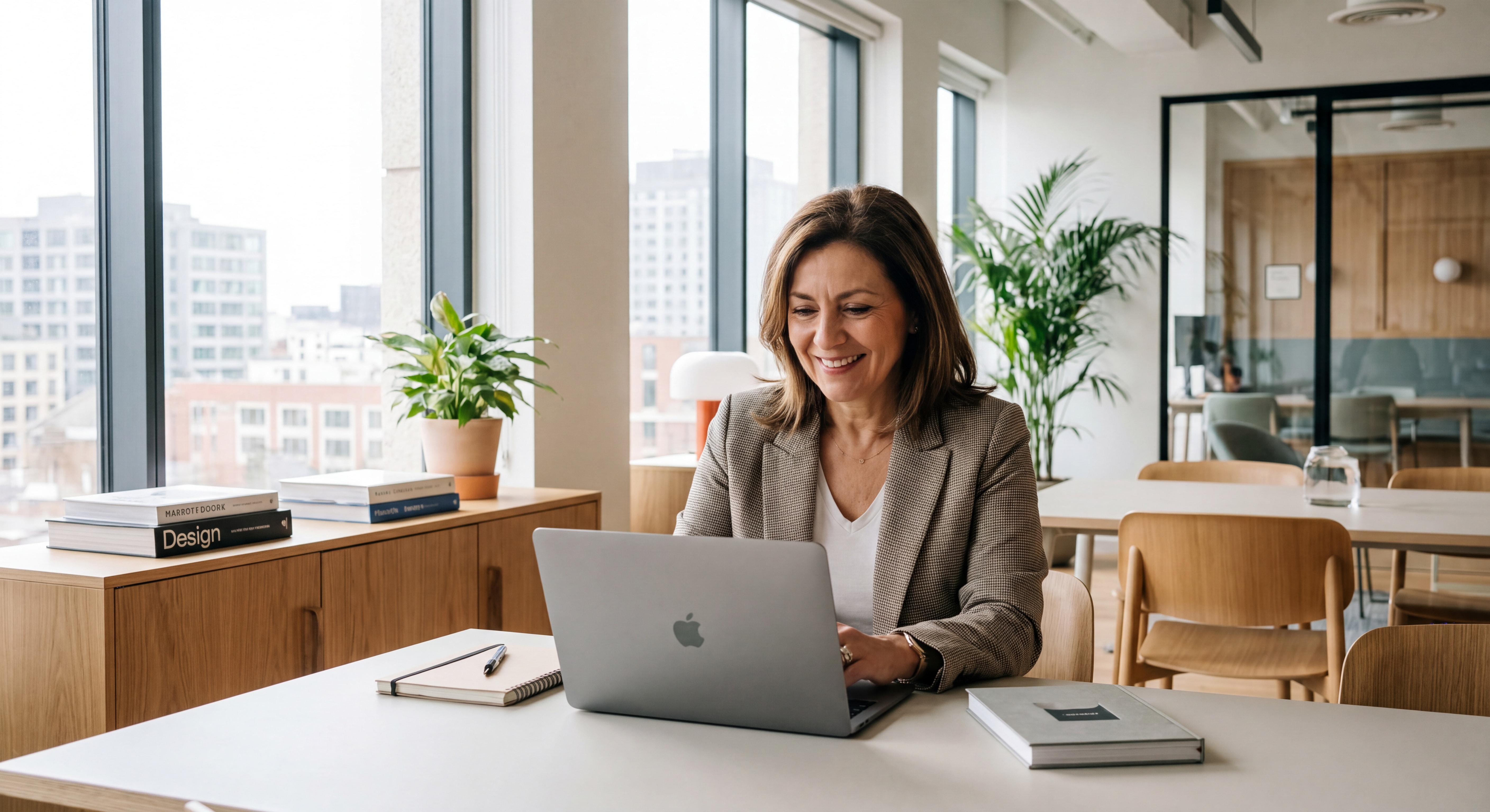 Photo réaliste d'un homme ou d'une femme d'environ 52 ans, souriant avec confiance, assis devant un ordinateur dans un bureau moderne et lumineux, expression déterminée et positive