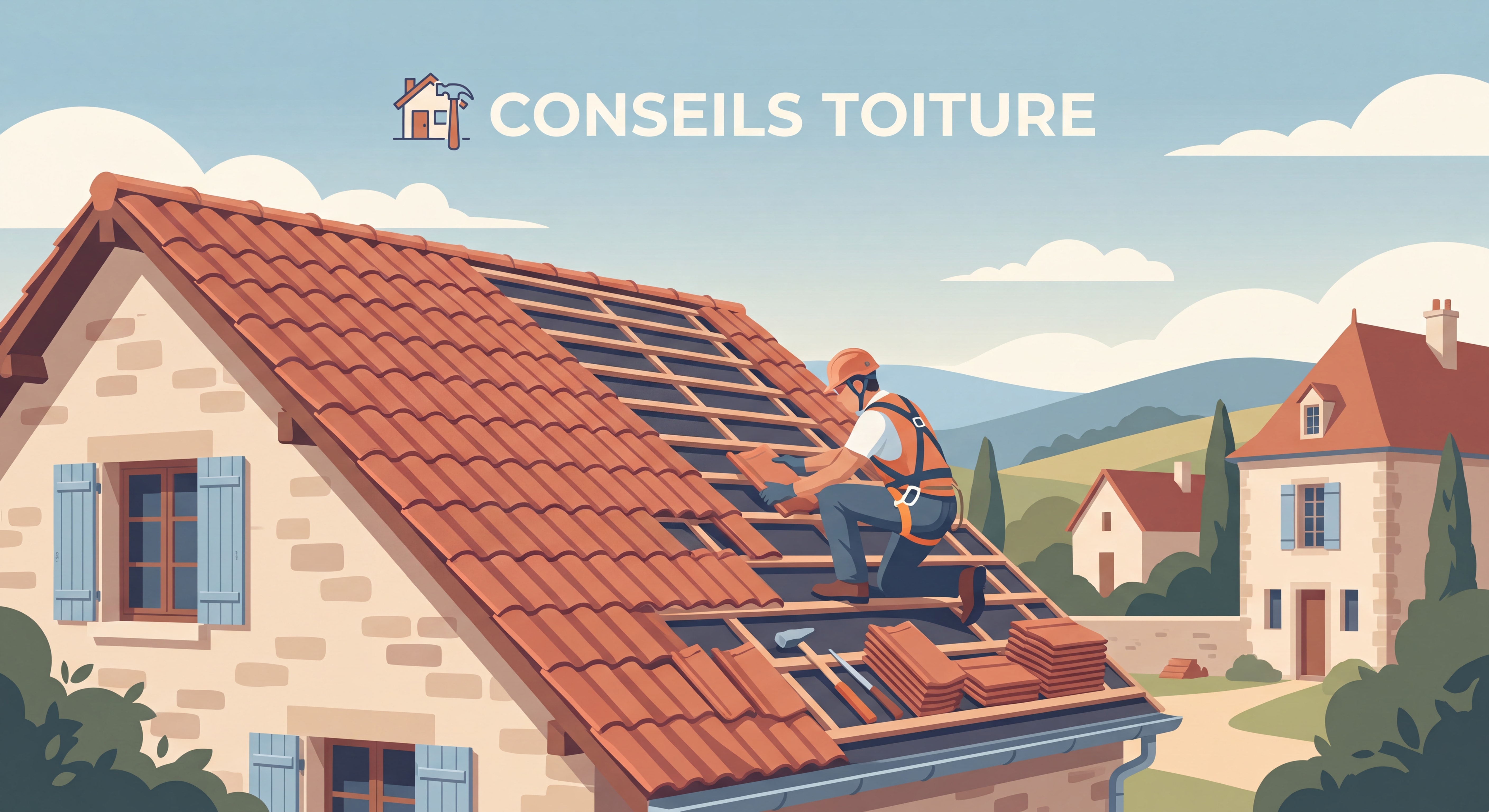 Couvreur professionnel posant des tuiles sur une toiture en pente d'une maison individuelle en France