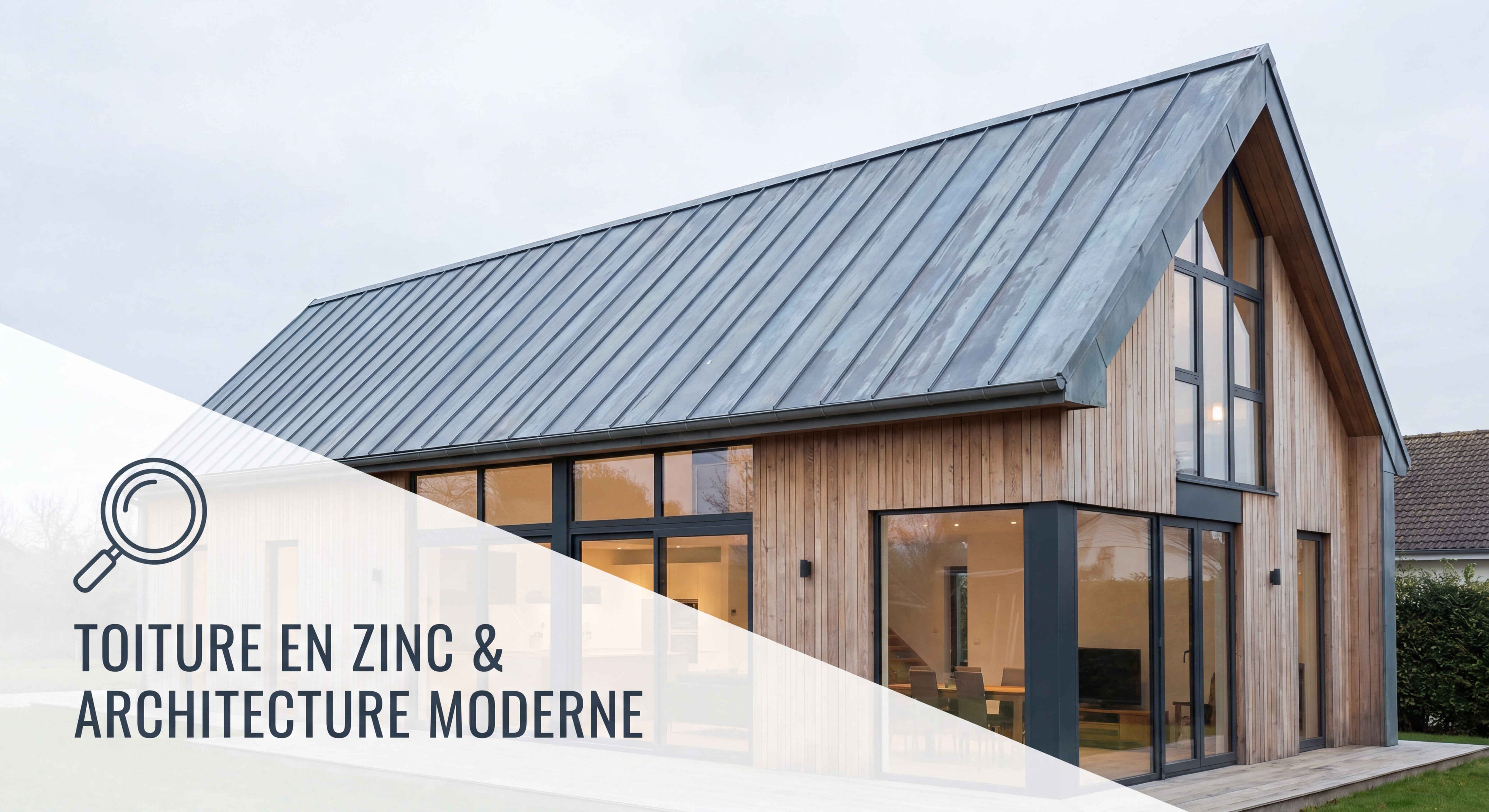 Toiture en zinc à joint debout sur maison contemporaine, patine gris-bleu caractéristique, architecture moderne