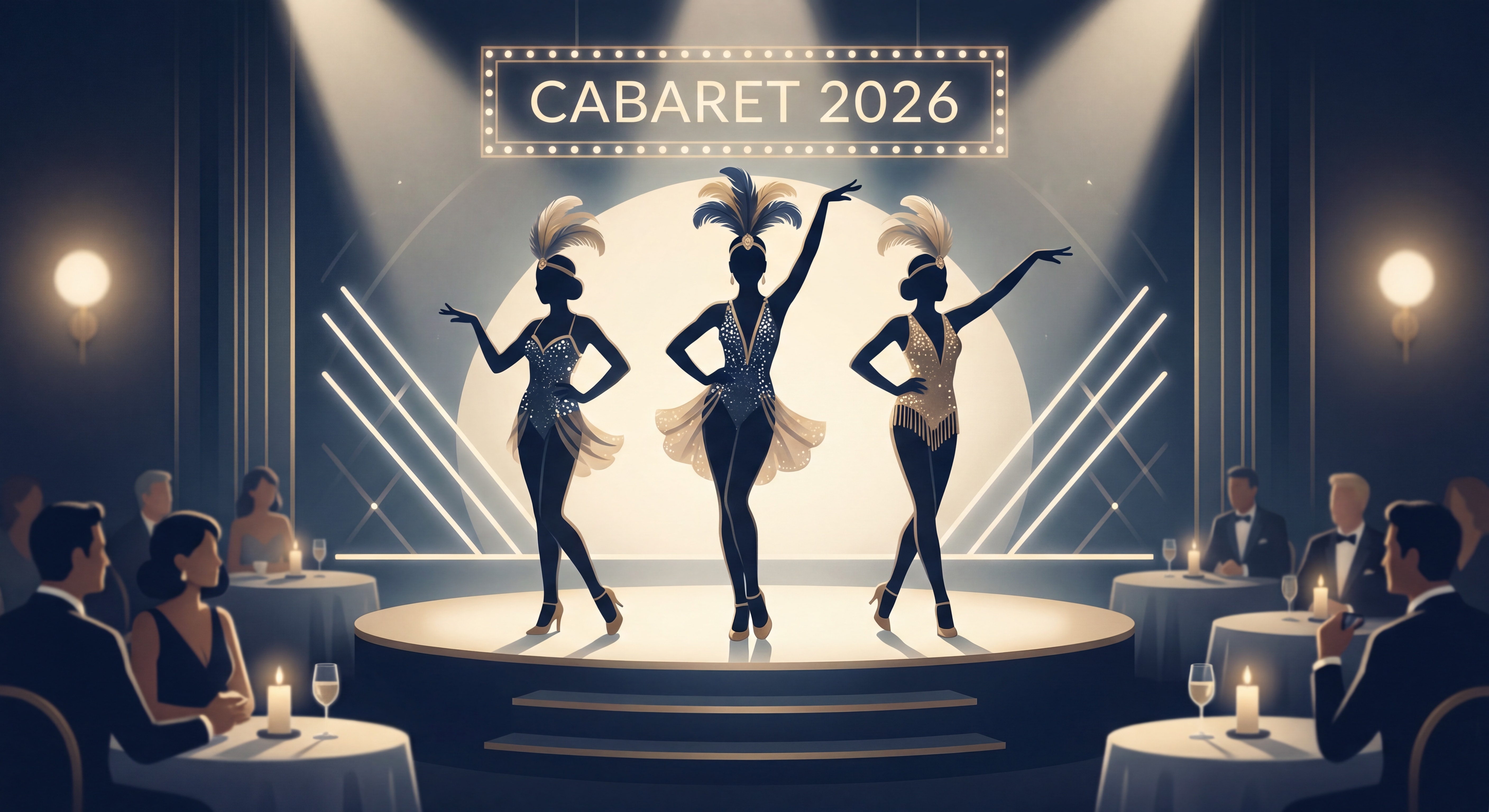 Danseuses de cabaret en costume glamour sur scène lors d'une soirée spectacle haut de gamme en 2026