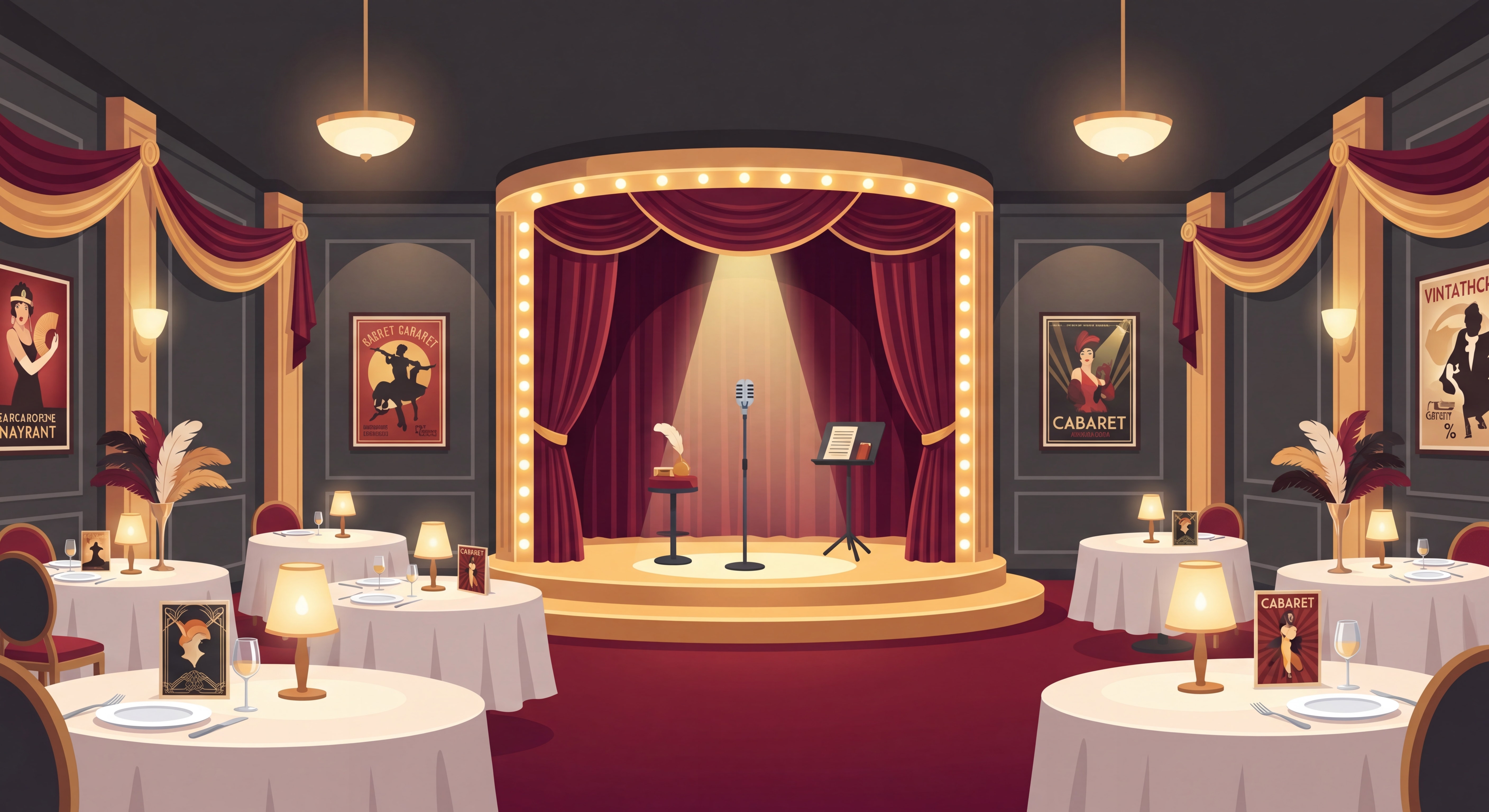 Salle de réception élégante préparée pour une soirée spectacle avec scène éclairée, tables dressées et décoration cabaret