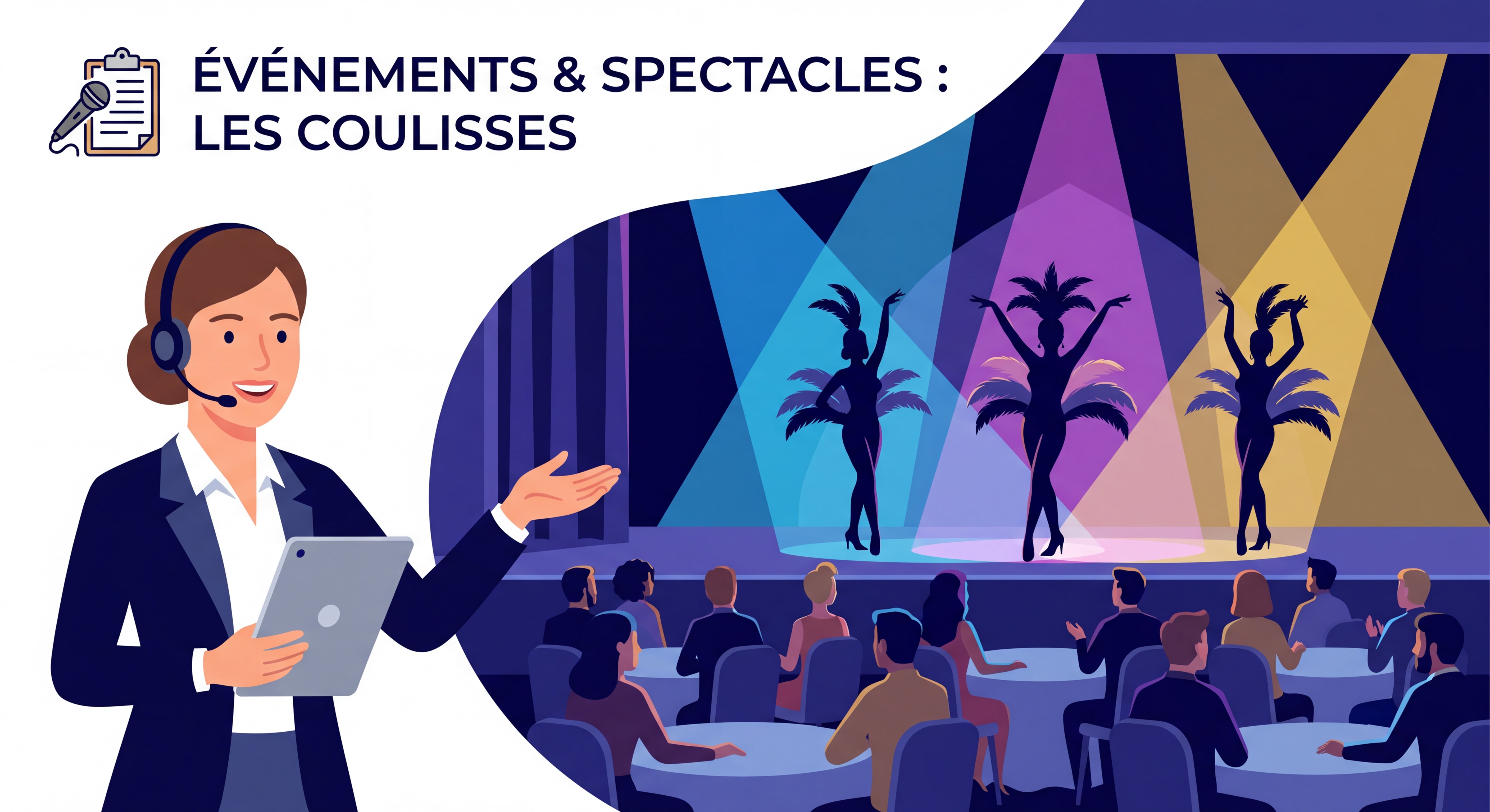 Organisatrice d'événements supervisant une soirée spectacle avec danseuses de cabaret et éclairages scéniques professionnels