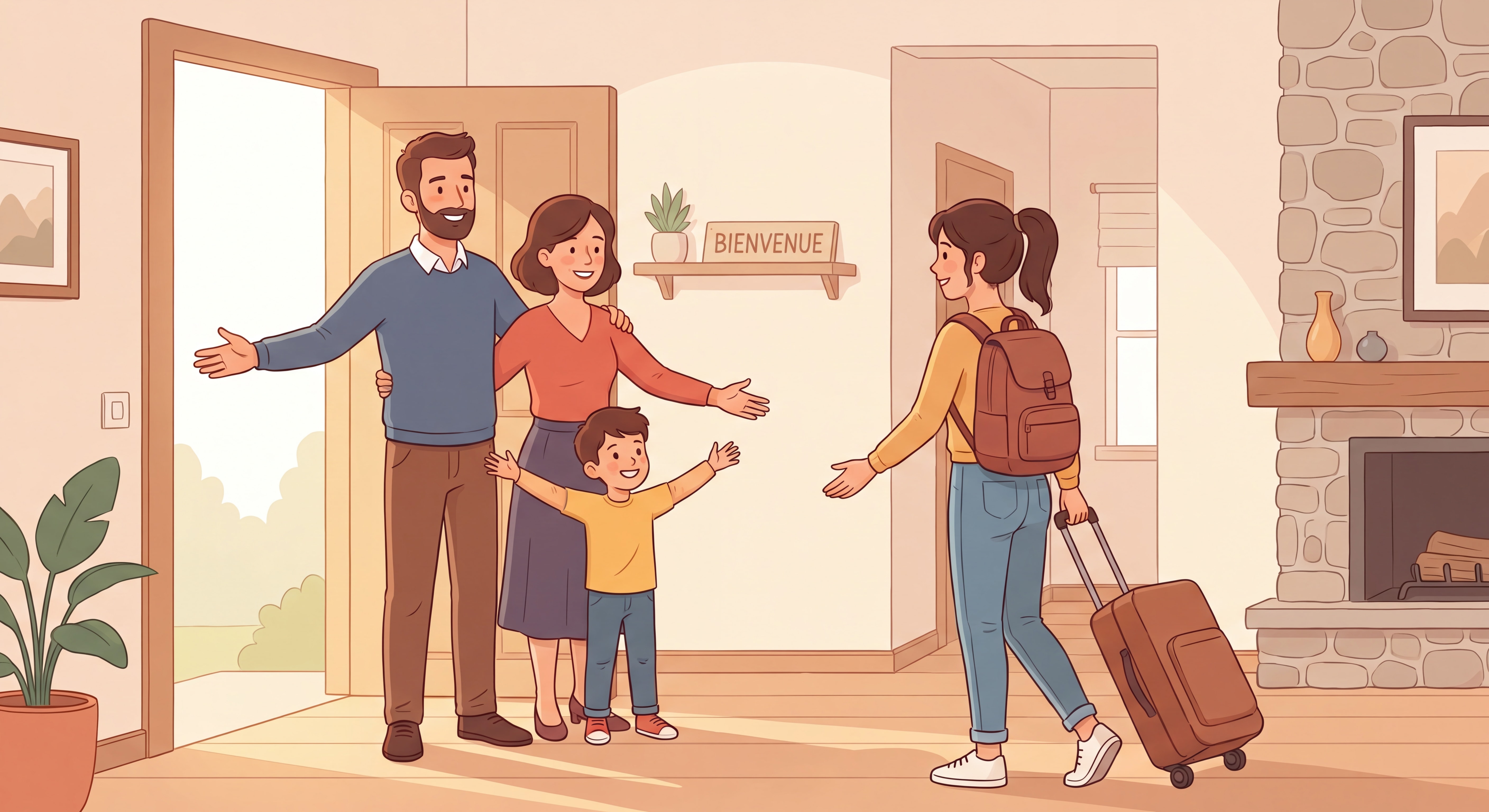 Famille française souriante accueillant une jeune au pair à la maison, ambiance chaleureuse et bienveillante