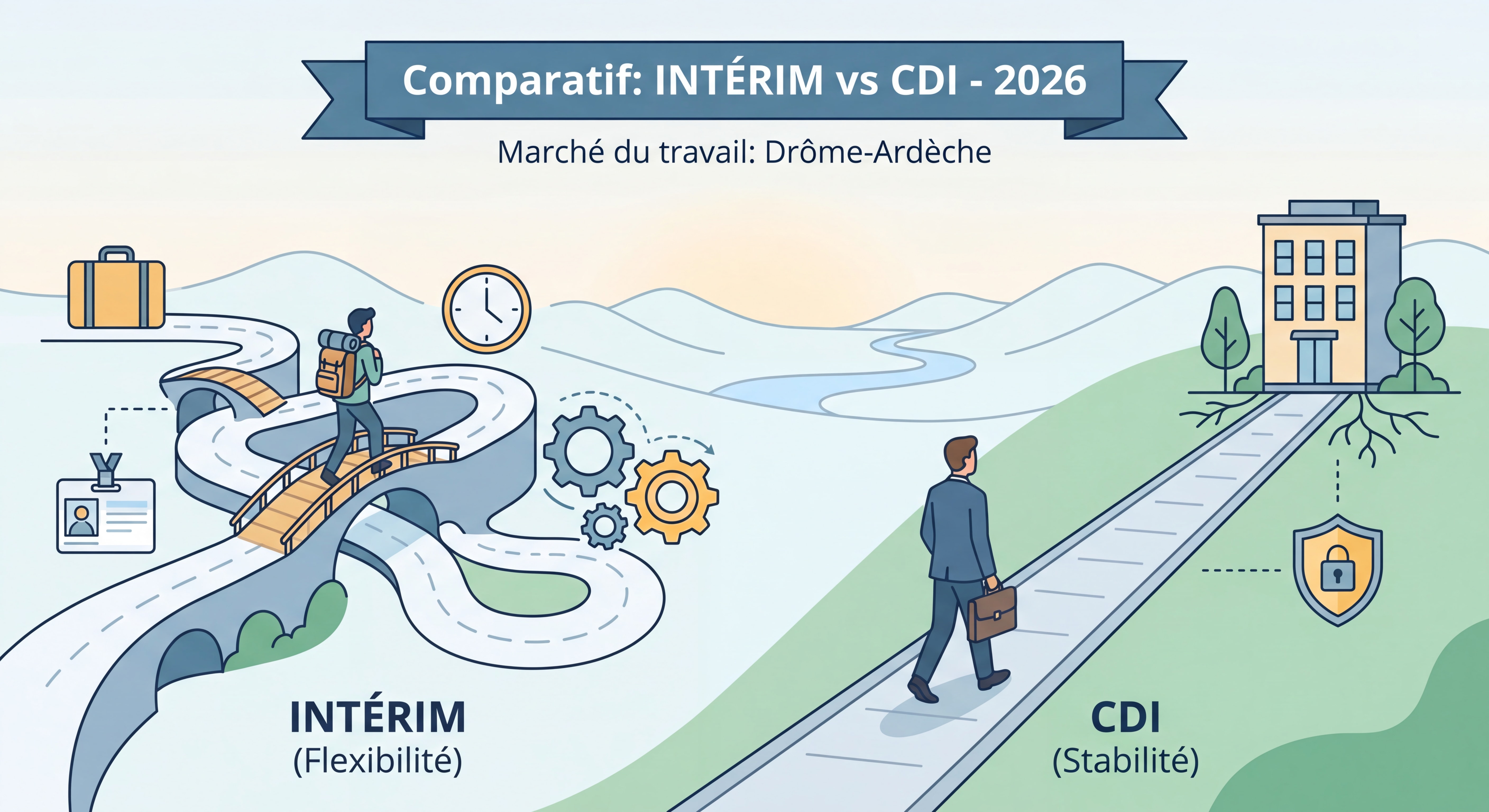 Comparatif intérim vs CDI en 2026 - deux chemins professionnels symbolisant la flexibilité de l'intérim et la stabilité du CDI, marché du travail Drôme-Ardèche