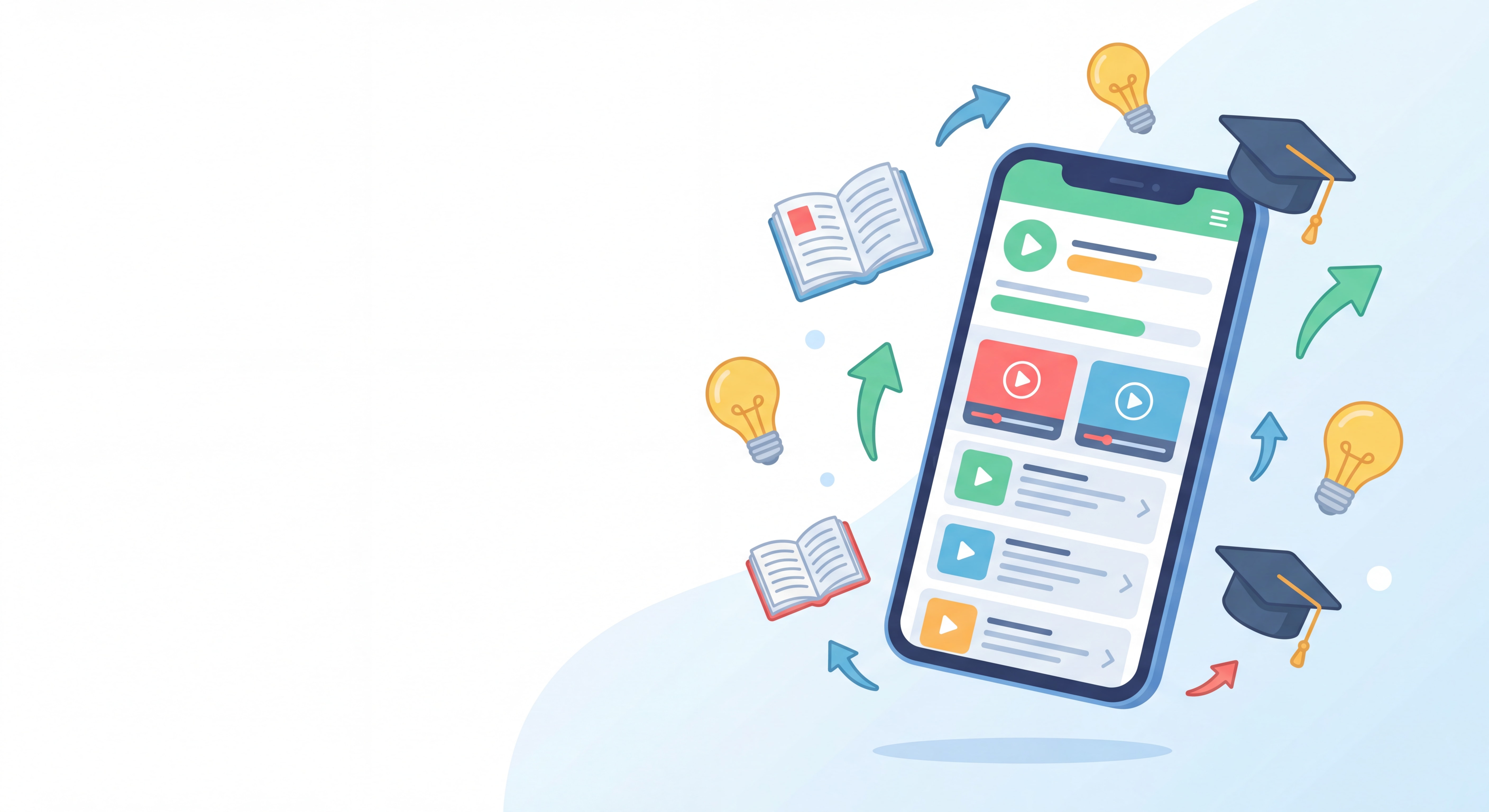 Illustration épurée et moderne d'un smartphone affichant une application de formation en ligne, sur fond blanc bleu clair, avec des icônes de livres et d'apprentissage, ambiance positive et dynamique, sans texte
