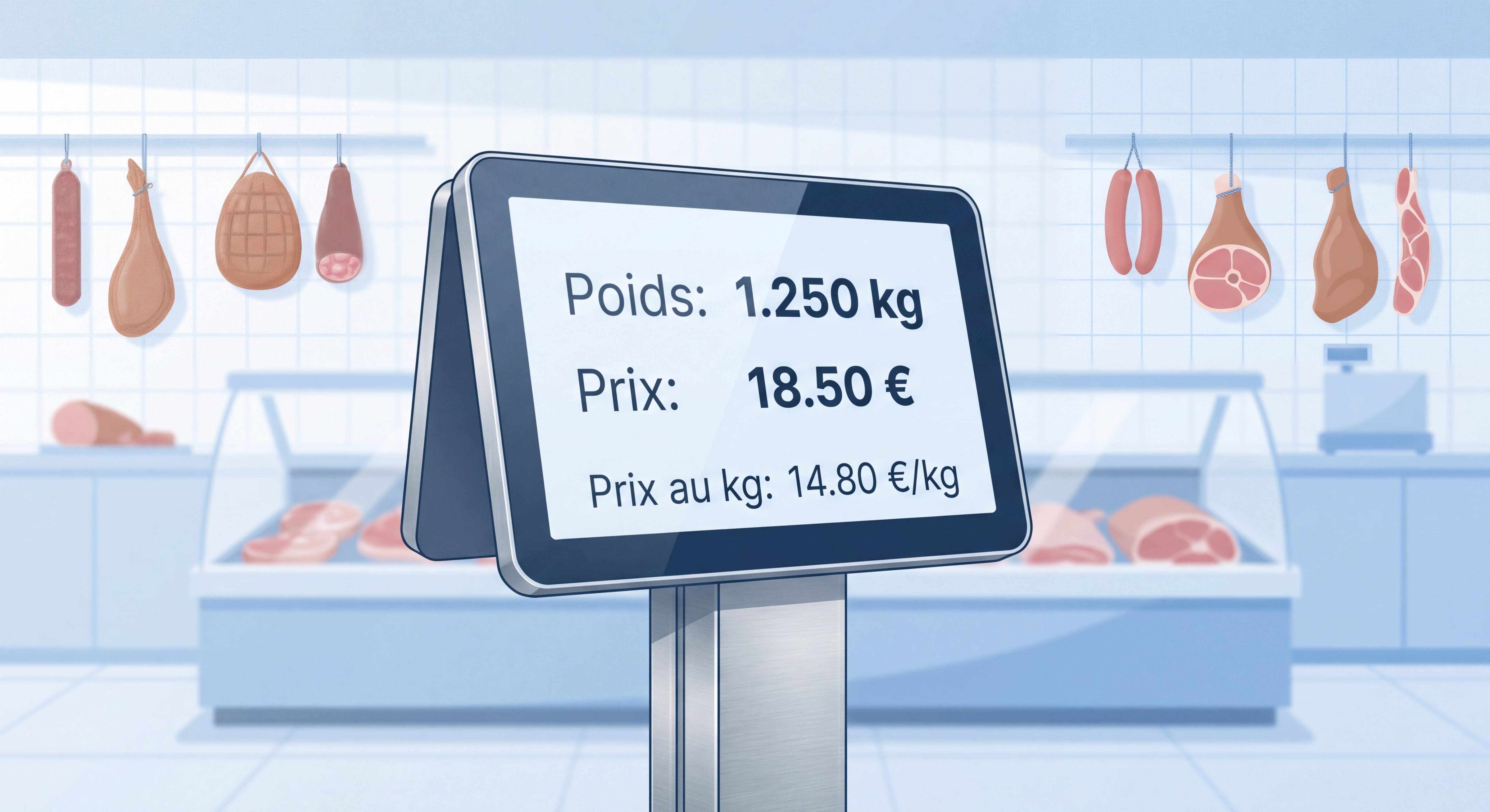 Zoom sur l'écran double affichage d'une balance à colonne en boucherie, affichant poids et prix côté client