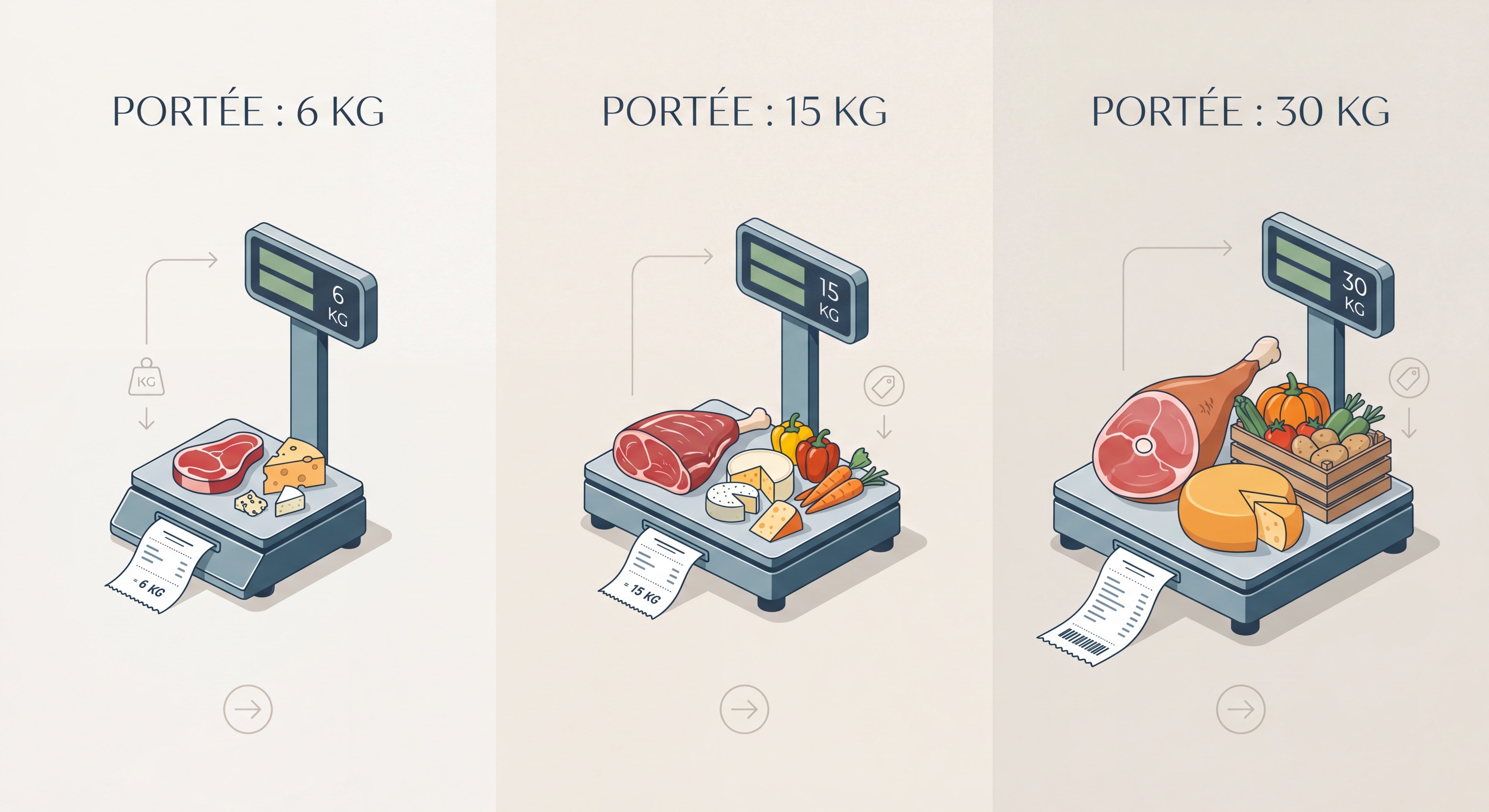 Comparatif visuel de différentes portées de balances à ticket : 6 kg, 15 kg et 30 kg, avec produits représentatifs boucherie fromage légumes