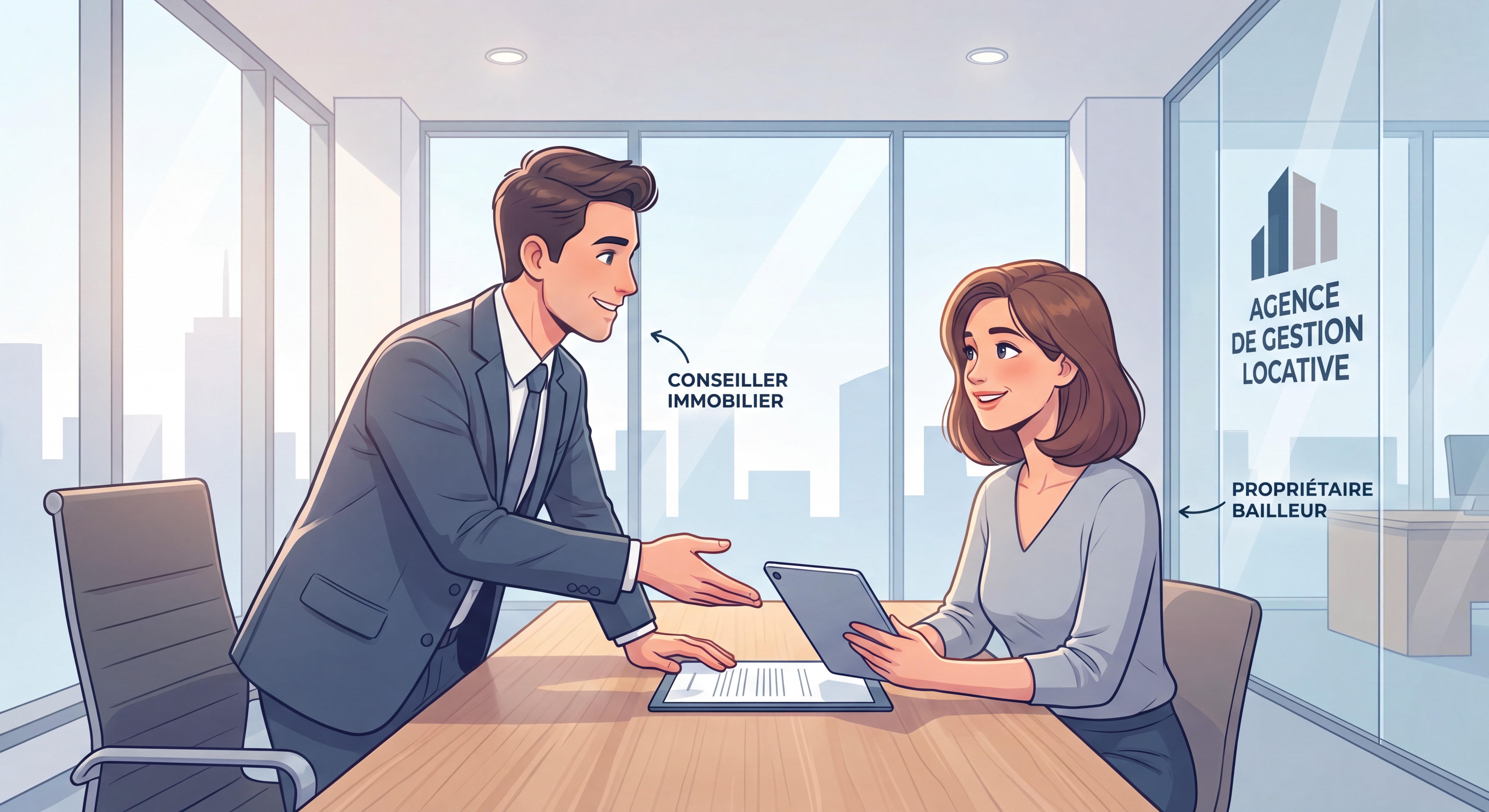 Conseiller immobilier en agence de gestion locative présentant un contrat à un propriétaire bailleur, ambiance professionnelle et de confiance