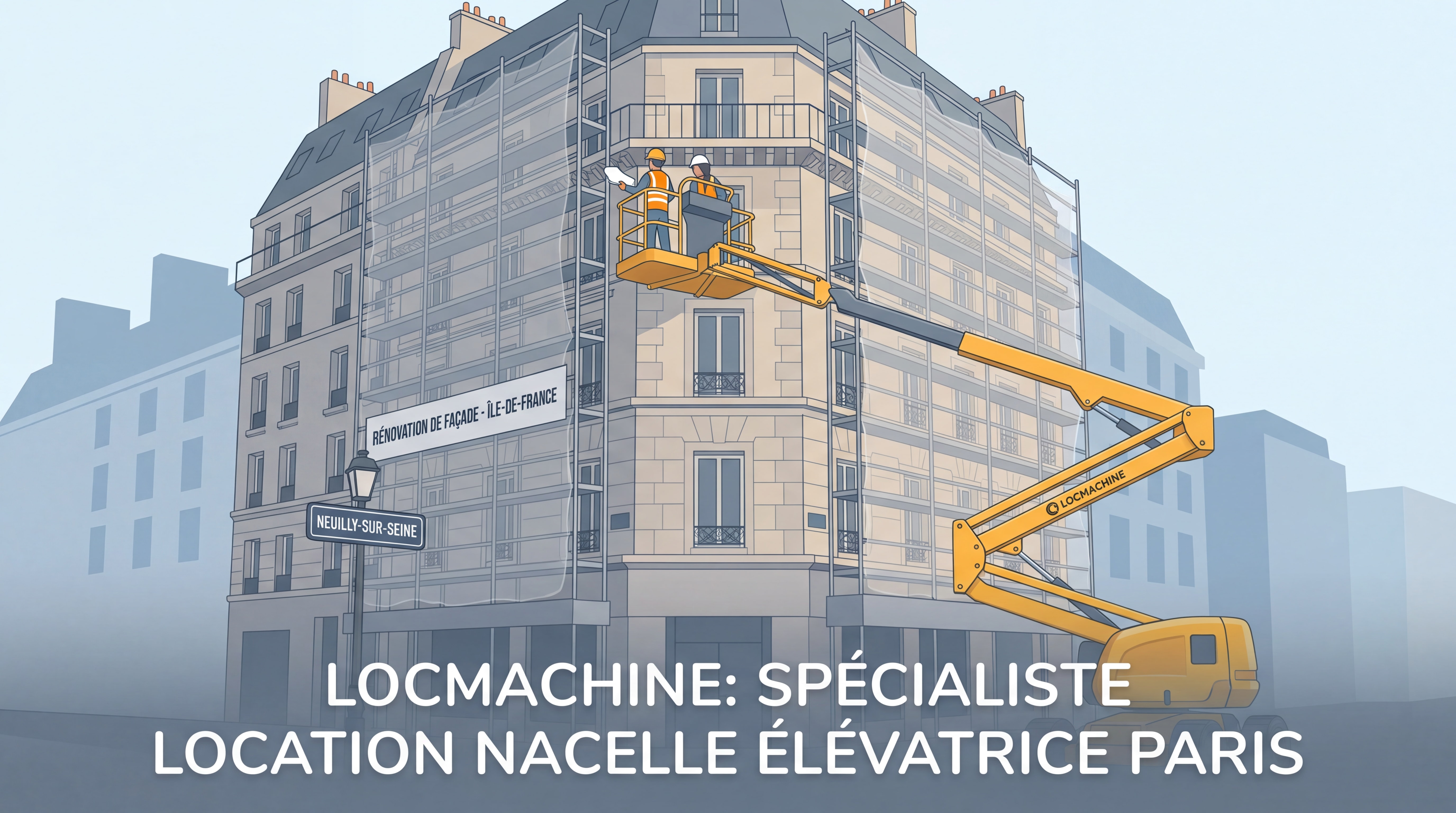 Nacelle articulée en opération sur un chantier de rénovation de façade à Neuilly-sur-Seine, Île-de-France — Locmachine, spécialiste de la location nacelle élévatrice Paris
