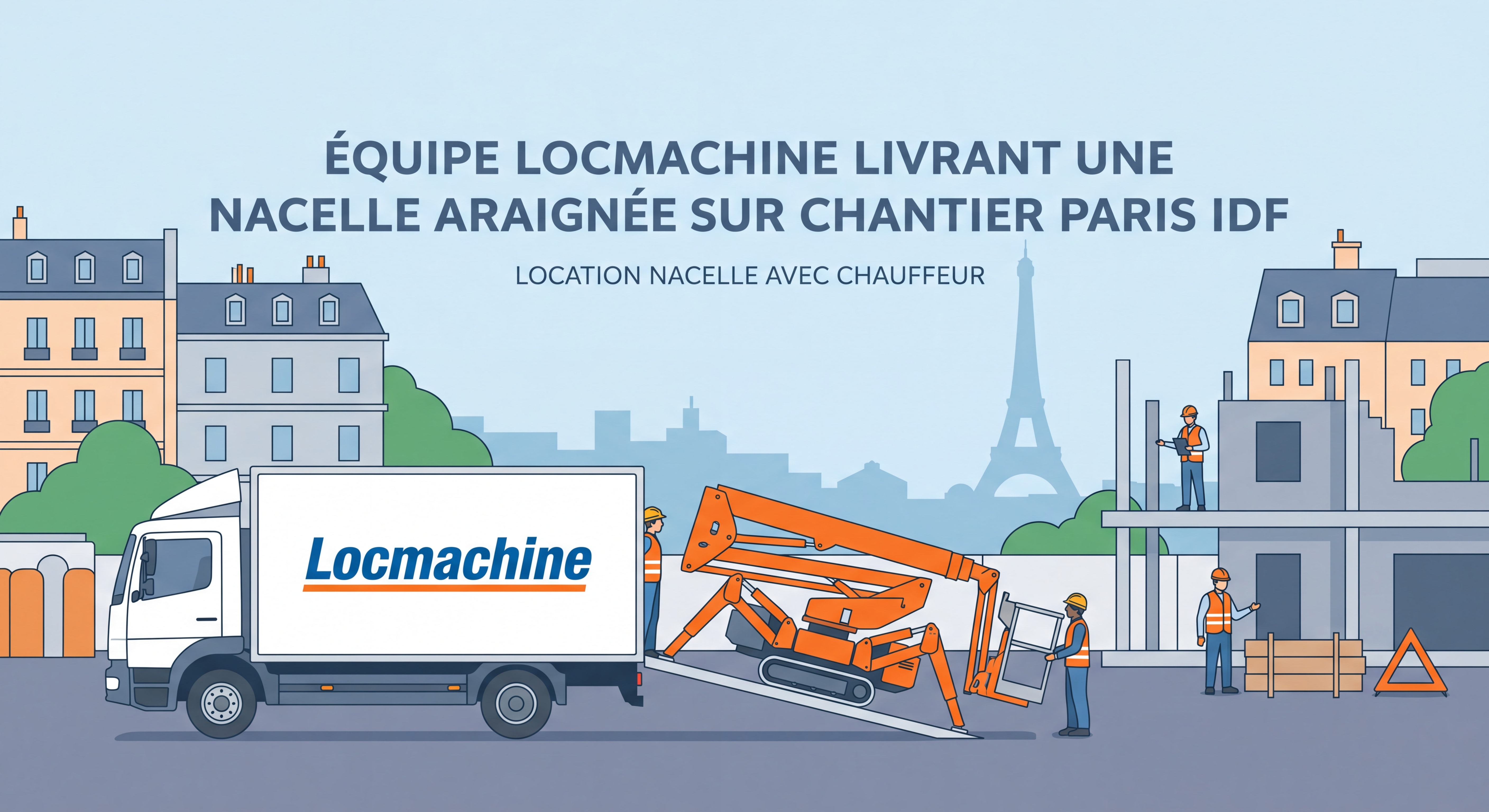 Équipe Locmachine livrant une nacelle araignée sur chantier Paris IDF - location nacelle avec chauffeur