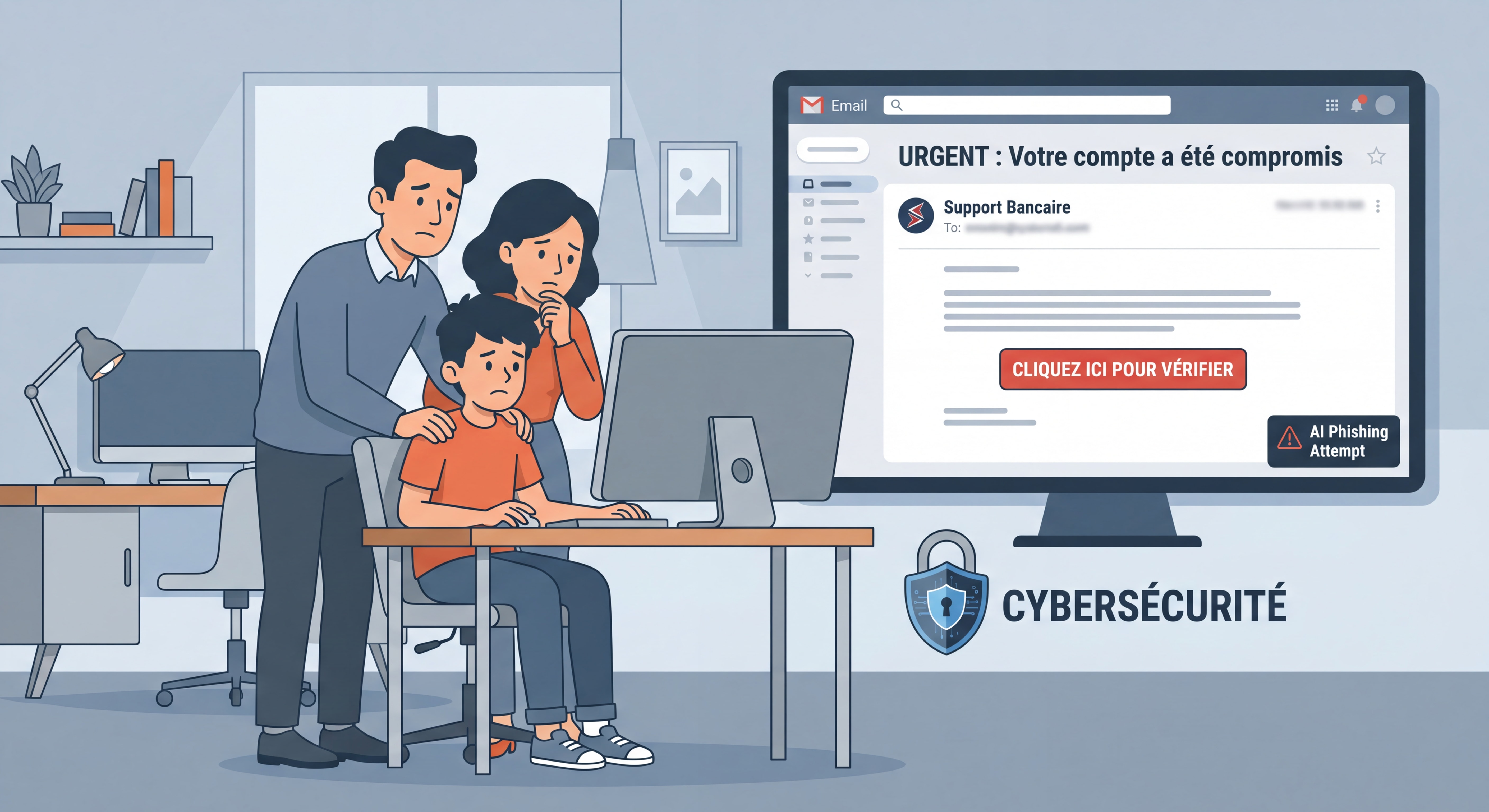 Famille française inquiète face à un écran d'ordinateur montrant un email de phishing réaliste généré par IA, illustration cybersécurité