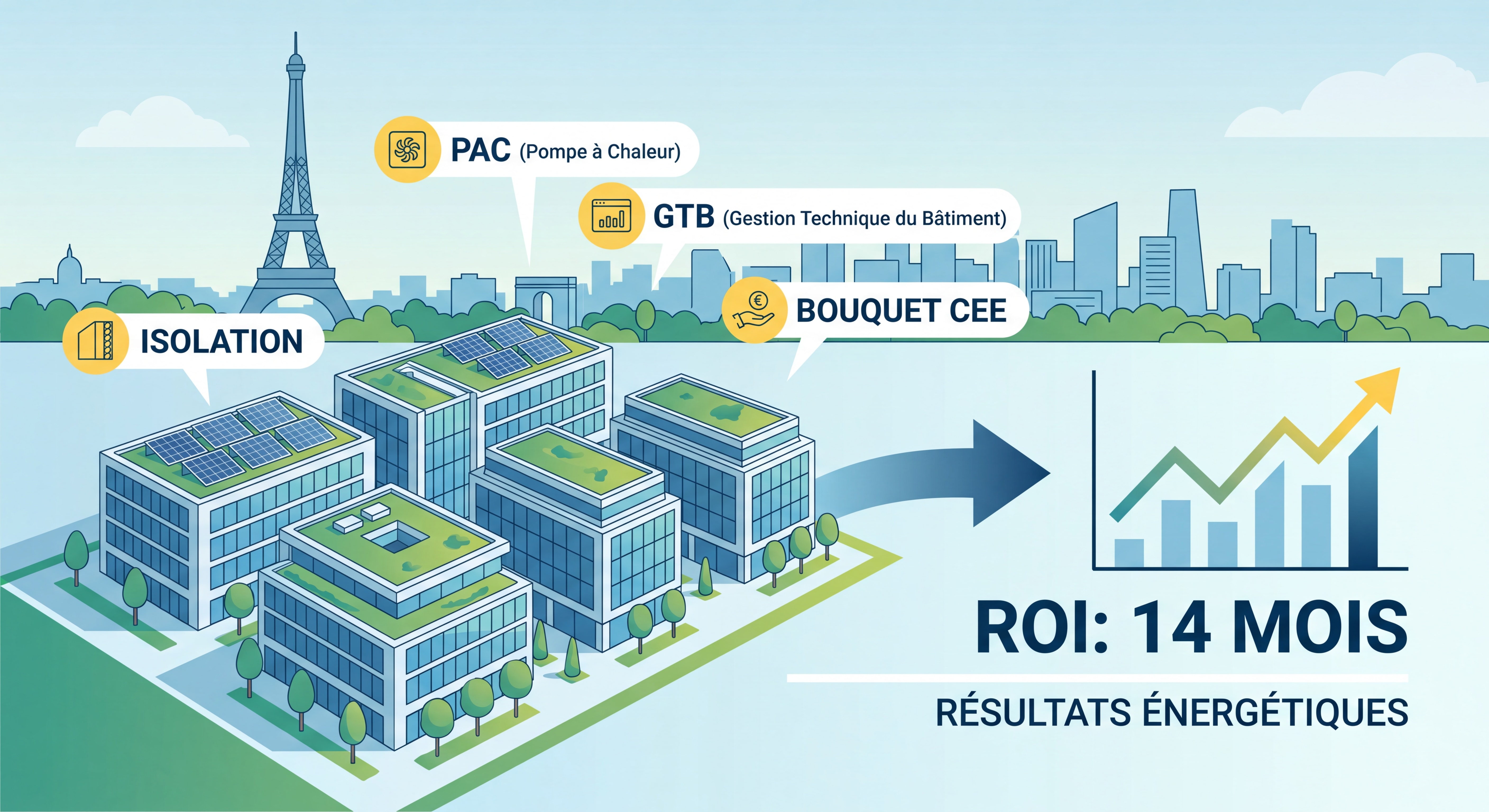 Parc de bureaux Île-de-France rénovation énergétique bouquet CEE PAC GTB isolation résultats ROI 14 mois