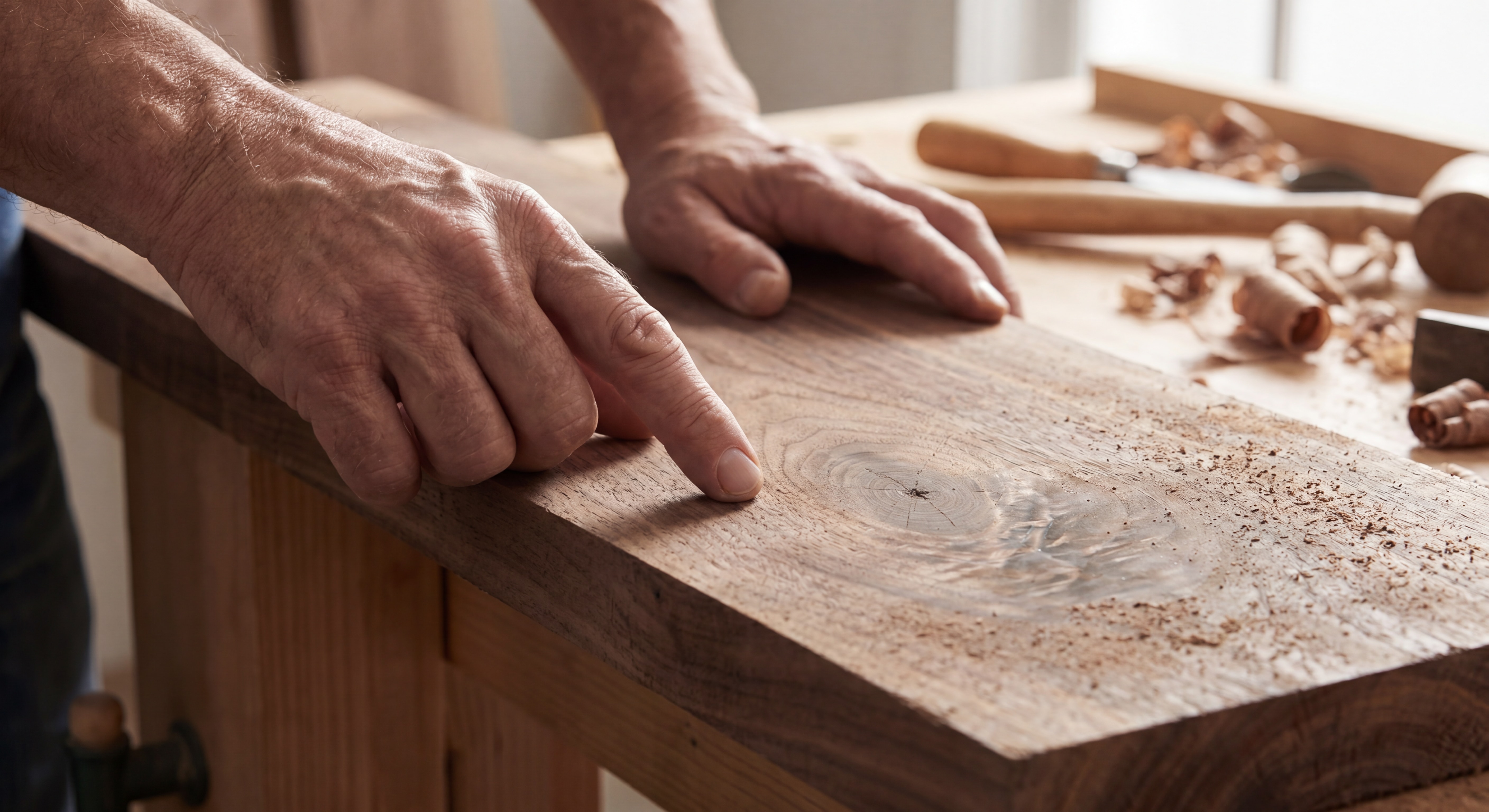 Mains d'artisan ébéniste posées sur une planche de noyer, gros plan sur les doigts qui lisent le fil du bois, lumière rasante révélant la texture et les cernes