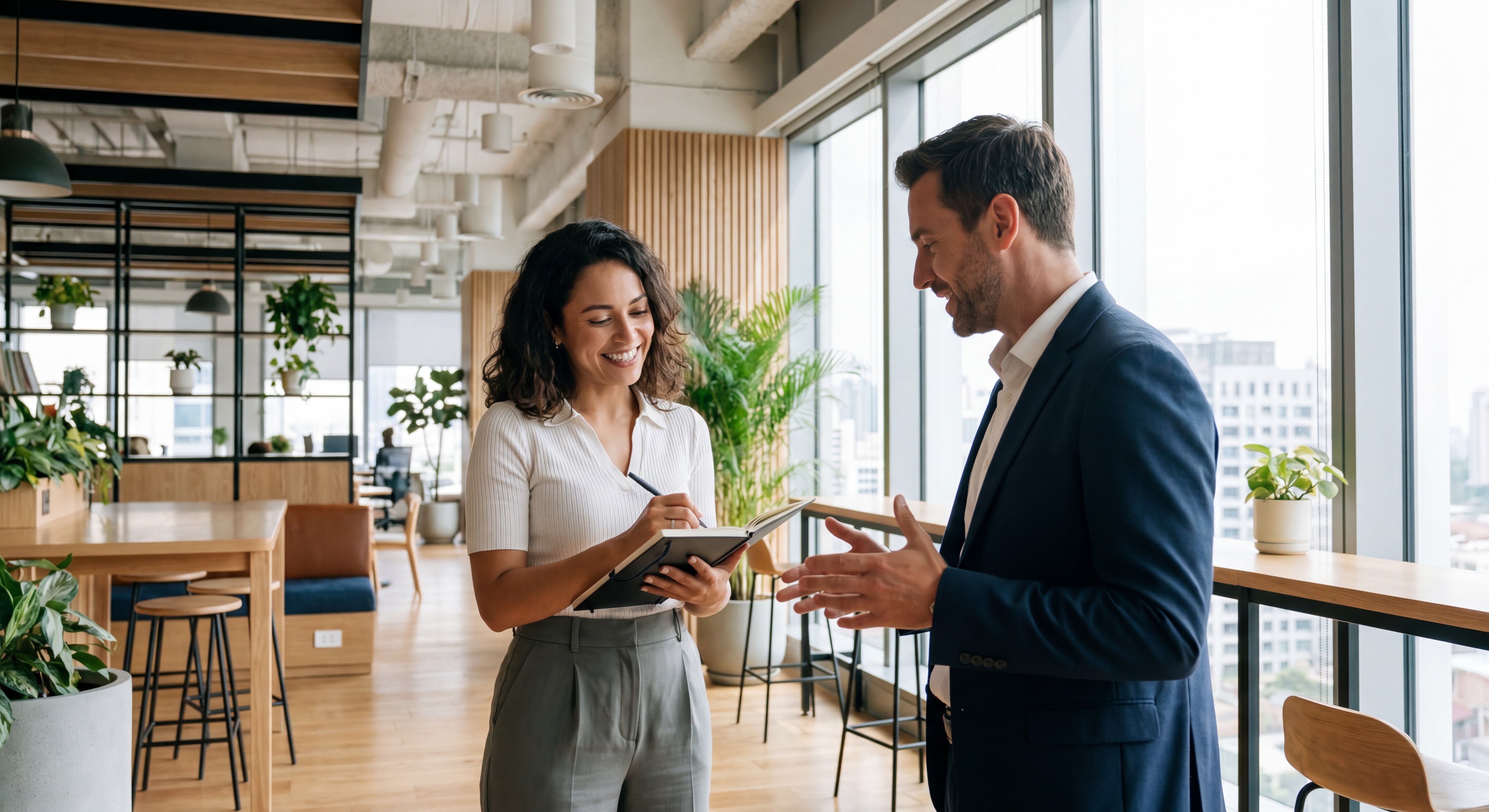 Photo réaliste de deux personnes en entretien professionnel dans un bureau moderne et lumineux, ambiance positive et constructive, l'une prenant des notes, sans texte sur l'image