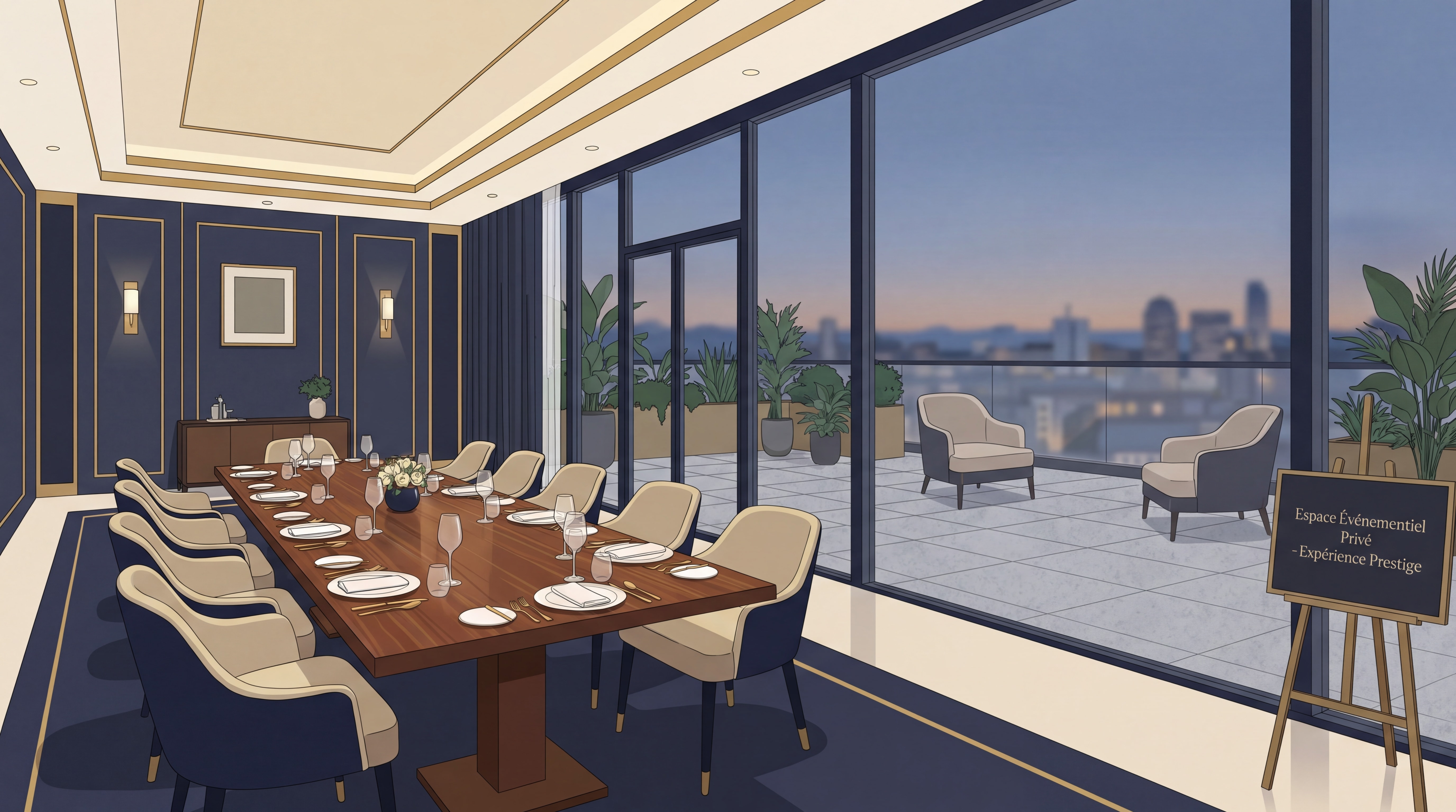 Salle de restaurant gastronomique luxueuse avec vue sur une terrasse privée, illustrant l'expérience prestige et la privatisation d'espace événementiel haut de gamme