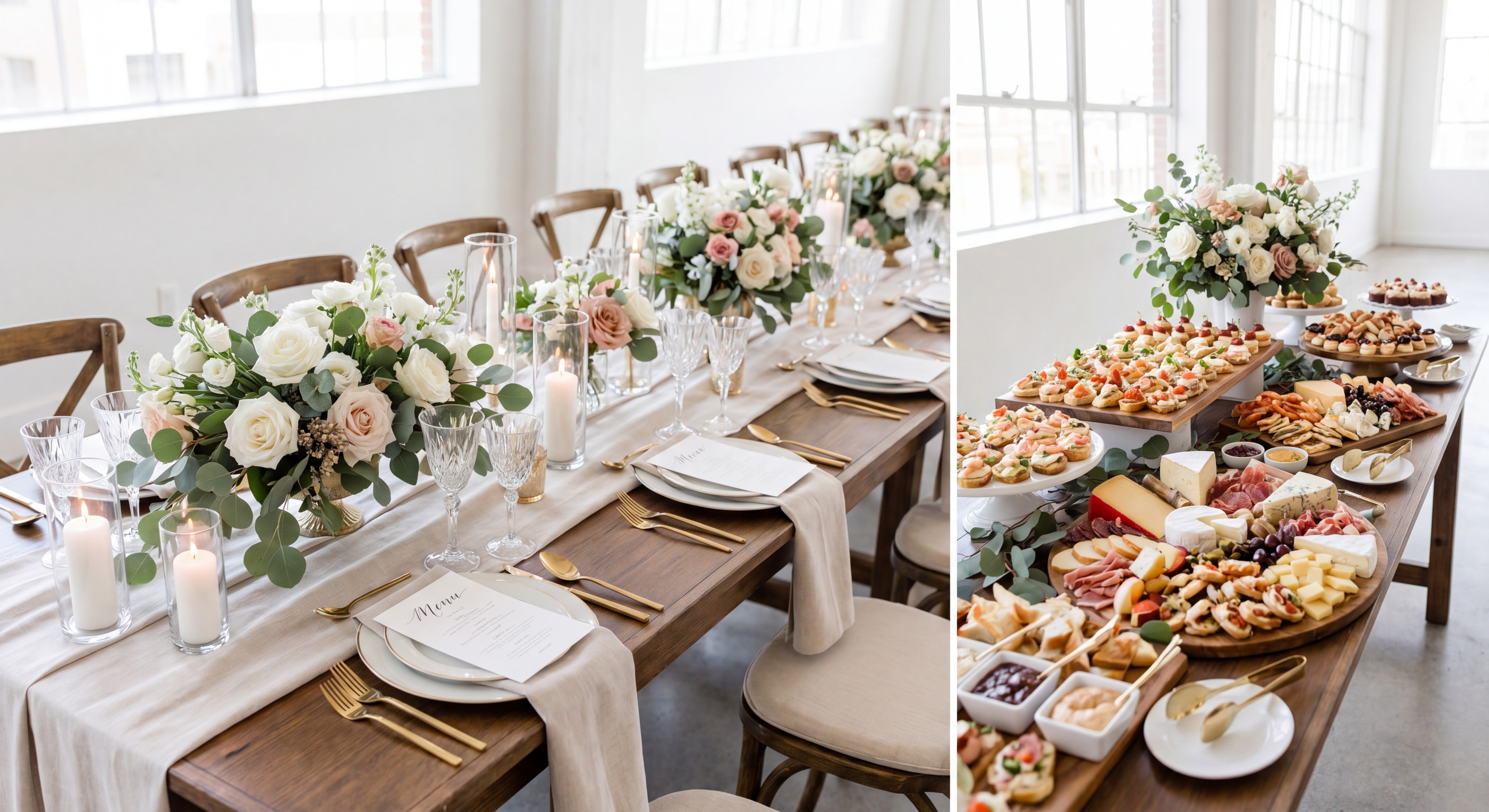 Table de réception élégante dressée pour un événement, avec buffet gastronomique, décorations florales et mise en place soignée pour un mariage ou un événement d'entreprise