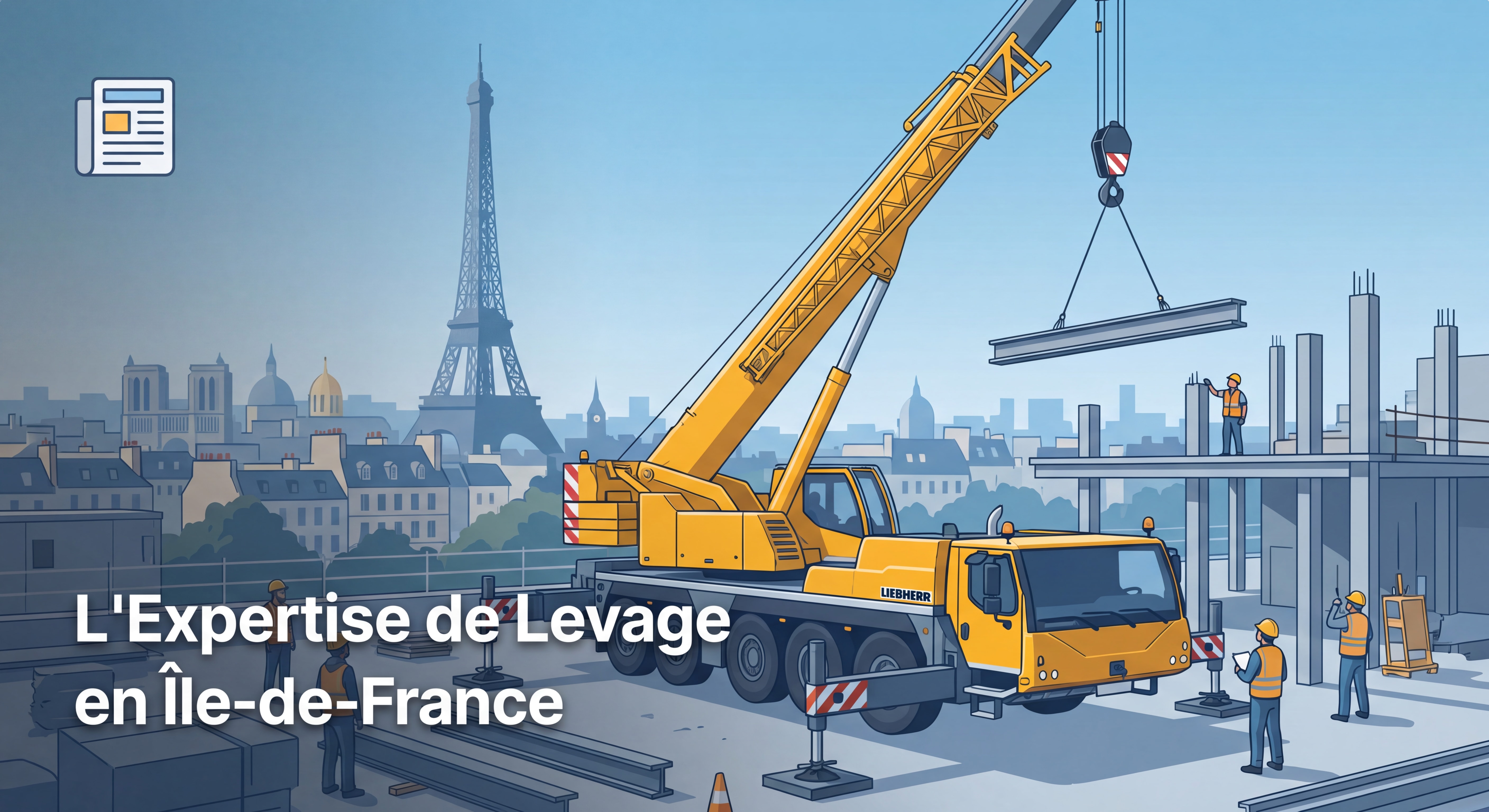 Grue mobile Liebherr LTM en opération de levage sur un chantier en Île-de-France, stabilisateurs déployés